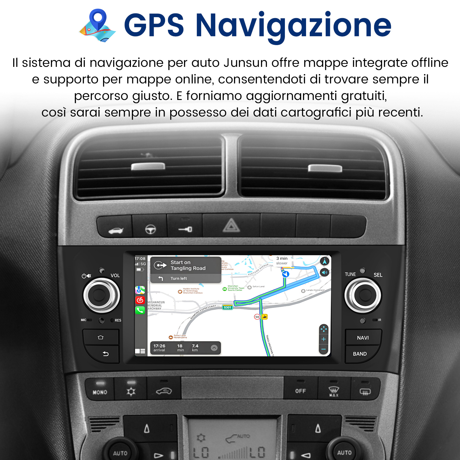 Cruscotto auto con schermo di navigazione GPS che mostra mappa e guida percorso. Pulsanti e comandi visibili, incluso il controllo volume.