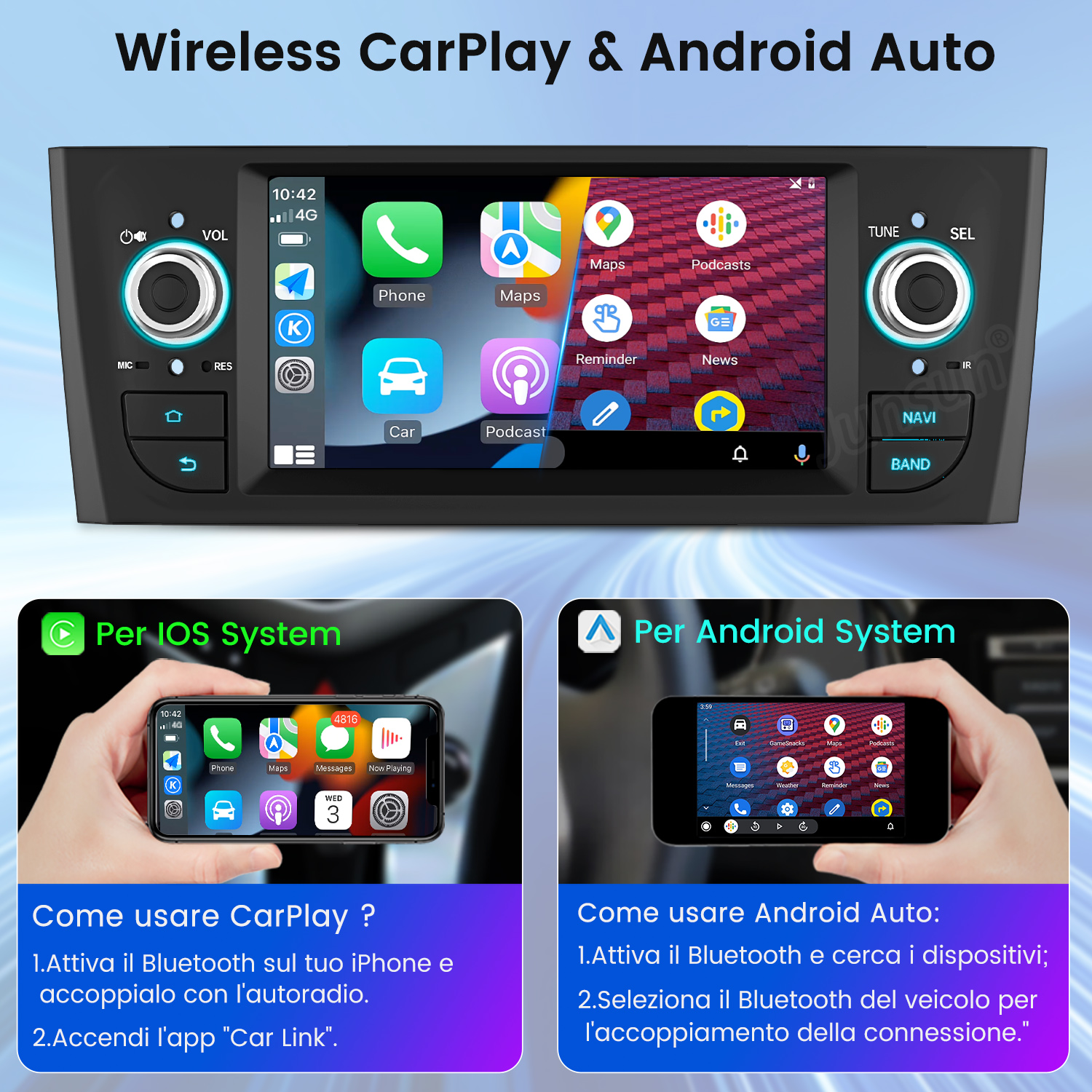 Uno schermo dell'autoradio che mostra CarPlay e Android Auto. Con istruzioni.