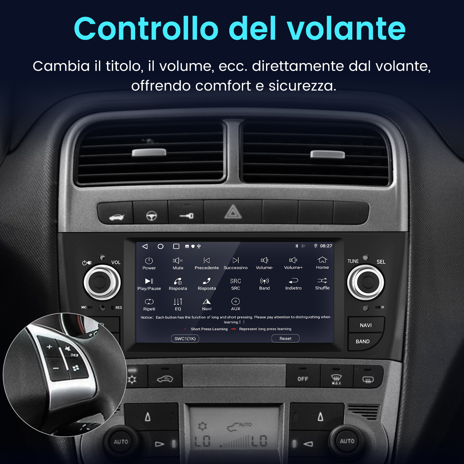 Interni auto, volante e sistema di infotainment che mostra controlli e mappa.