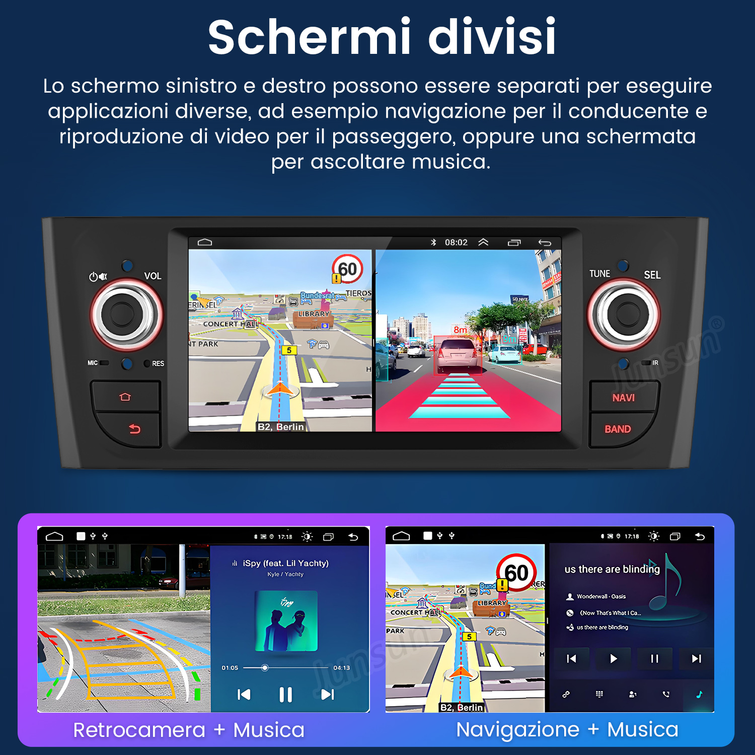 Schermo autoradio con schermo diviso con navigazione e musica, più telecamera posteriore.