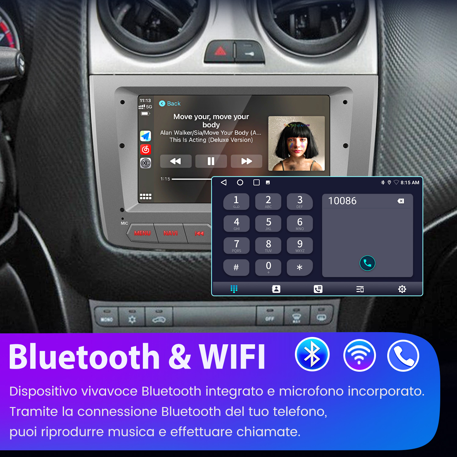Schermo multimediale per auto con musica e un'interfaccia telefonica. Lo schermo mostra una chiamata telefonica in corso.