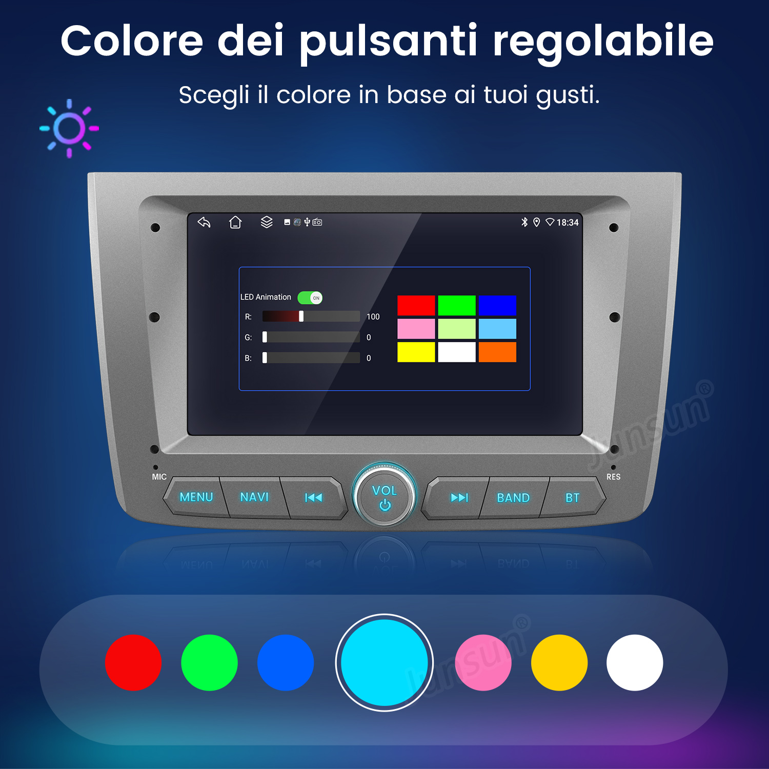 Lettore multimediale per auto con colori pulsanti regolabili e schermo.