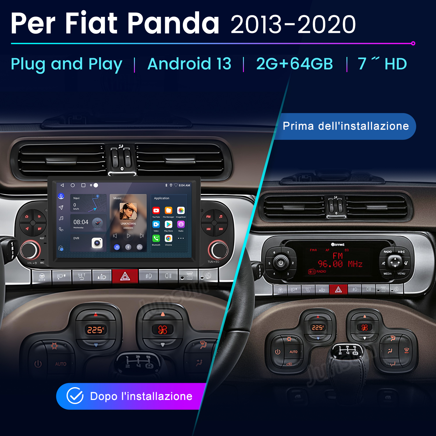 Autoradio prima e dopo l'installazione. L'autoradio installata è un touchscreen con app.