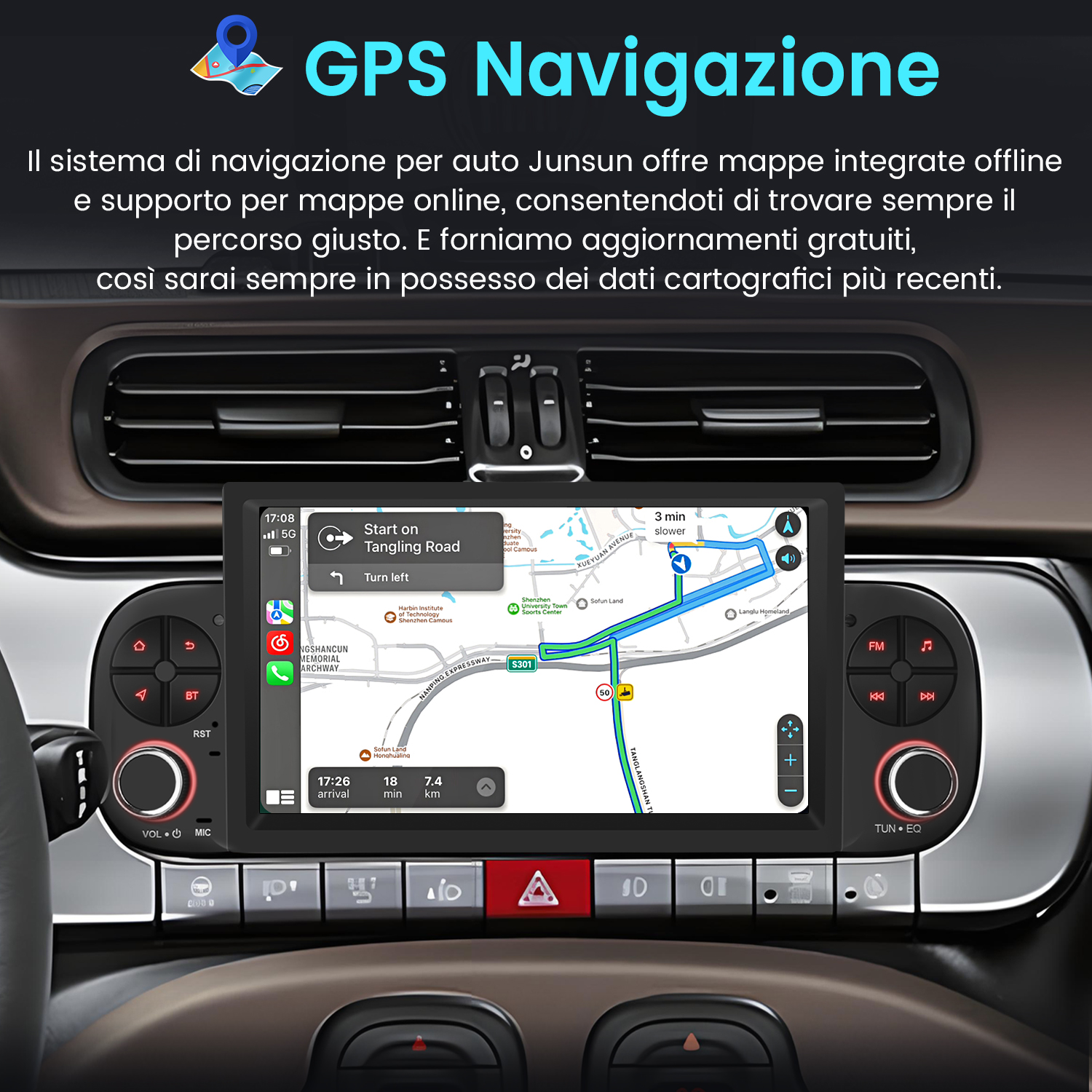 Cruscotto auto con display di navigazione GPS, mostra mappa e controlli.