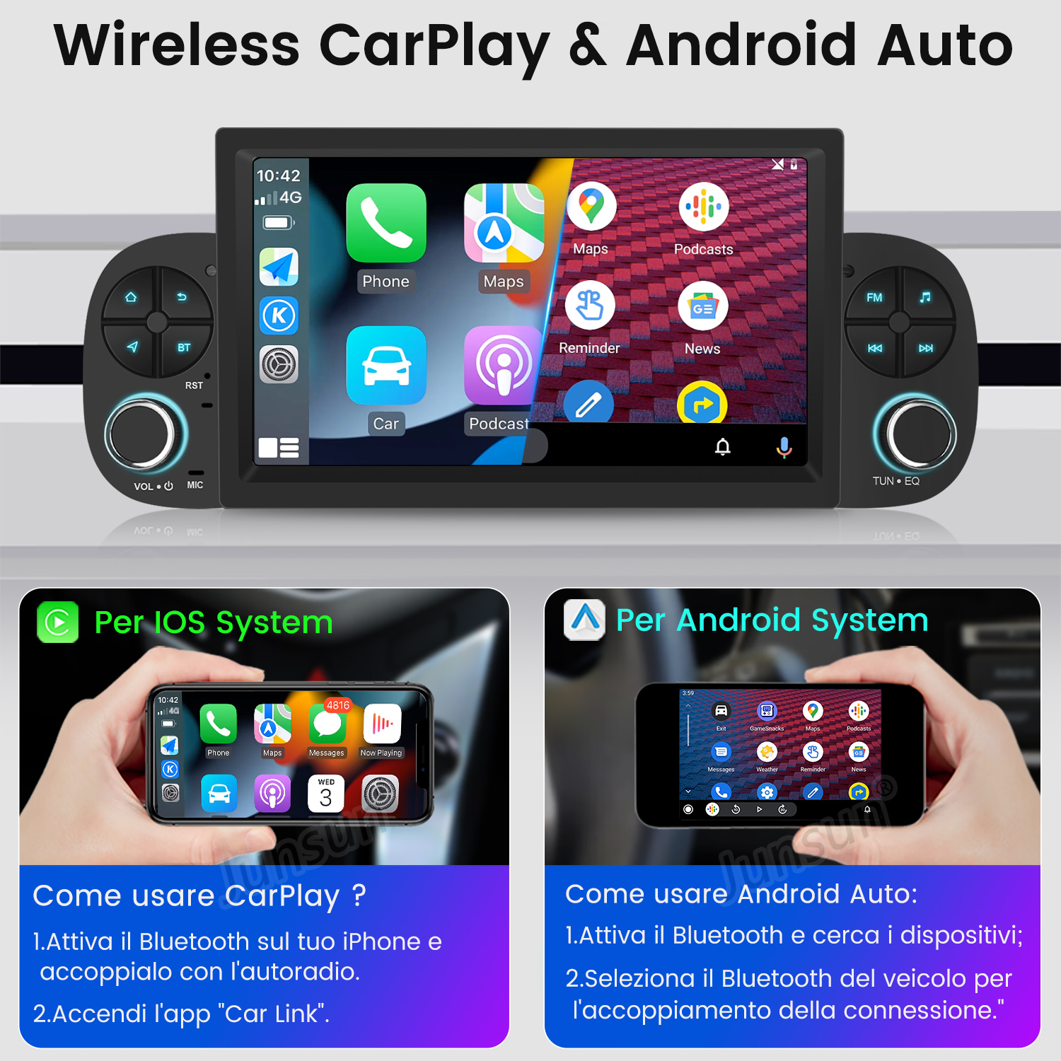 Schermo autoradio con funzionalità CarPlay e Android Auto. Due schermi di telefono più piccoli sotto.