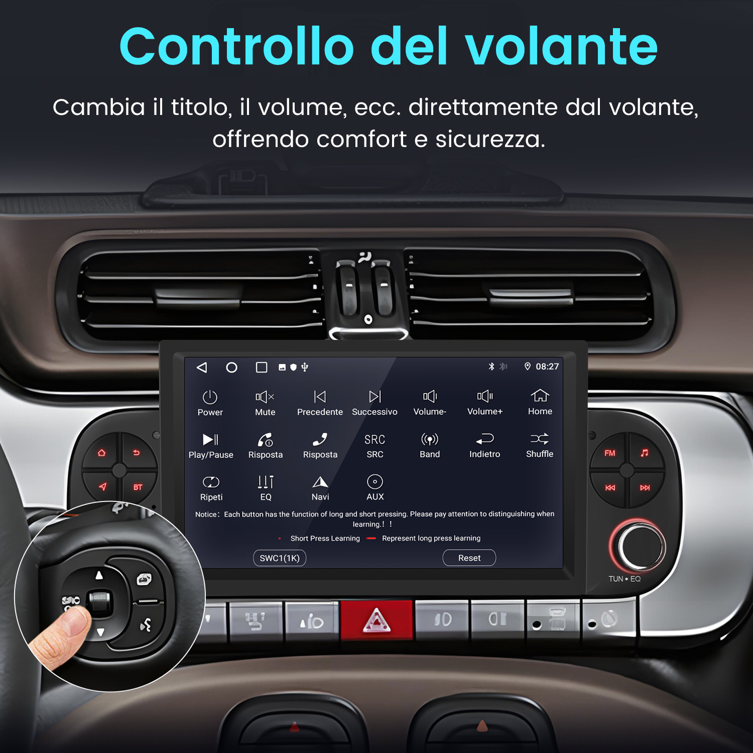 Lettore multimediale per auto con controllo al volante e touchscreen.