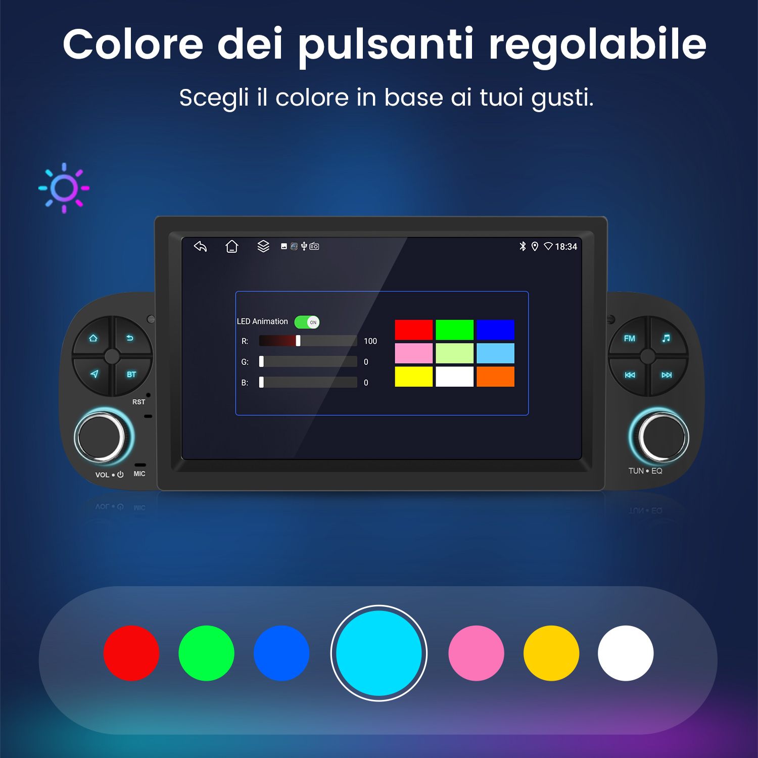 Schermo multimediale per auto che mostra i colori dei pulsanti regolabili. Vengono mostrate varie opzioni di colore. Cornice nera.