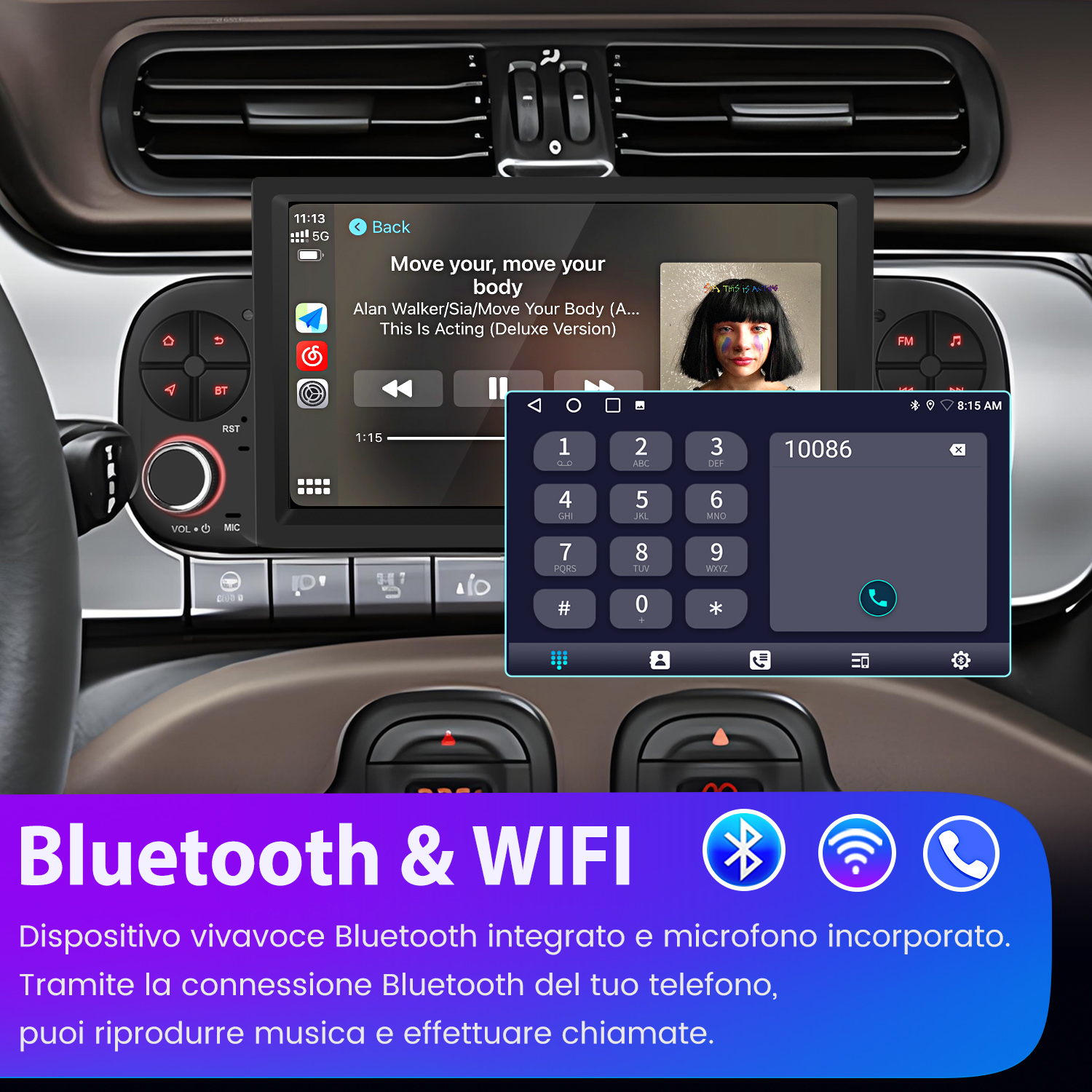 Schermo infotainment auto con Bluetooth e WiFi, schermata di composizione telefonica.