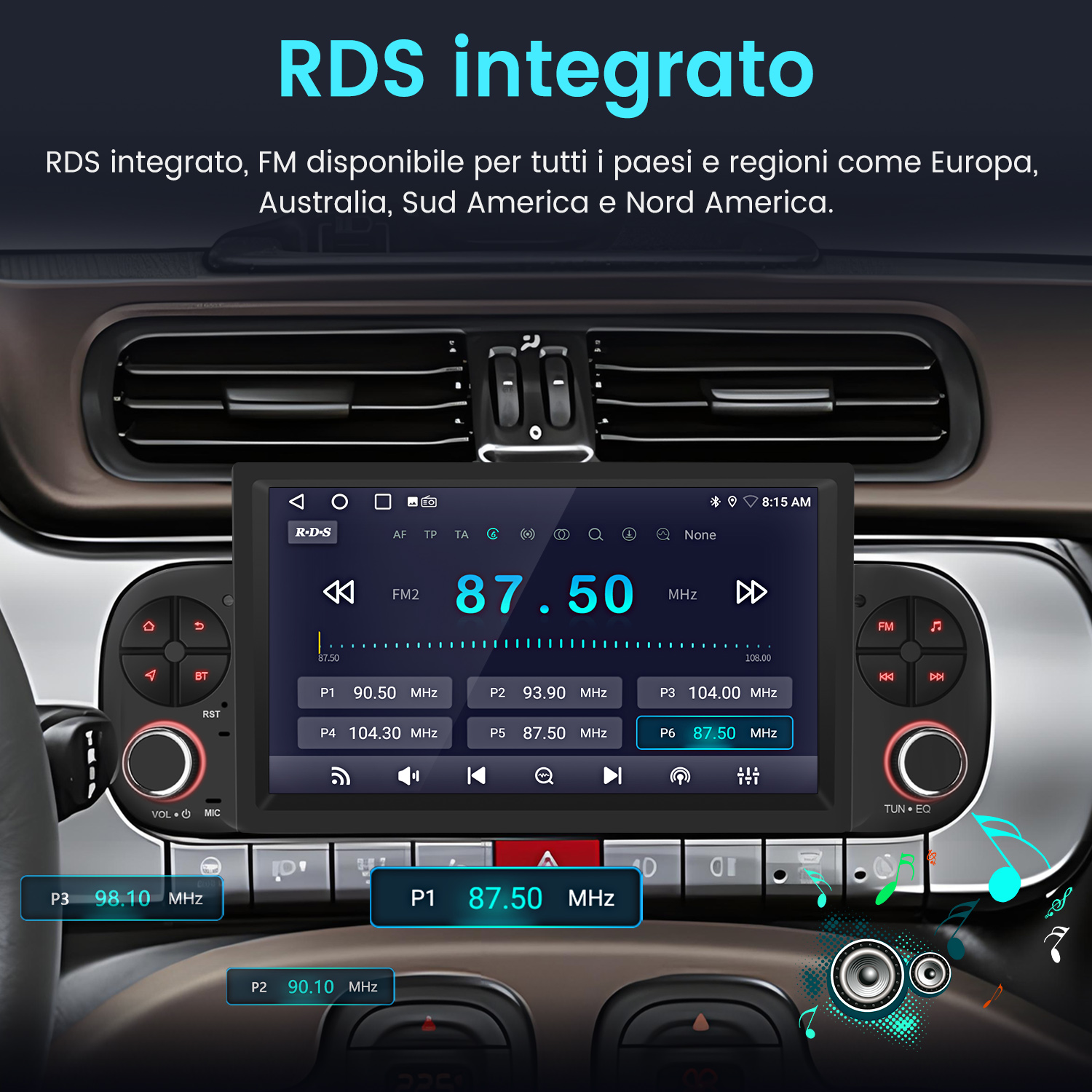 Schermo autoradio con info radio FM, pulsanti e display. Mostra 87,50 MHz. Interno auto, con cruscotto e comandi.