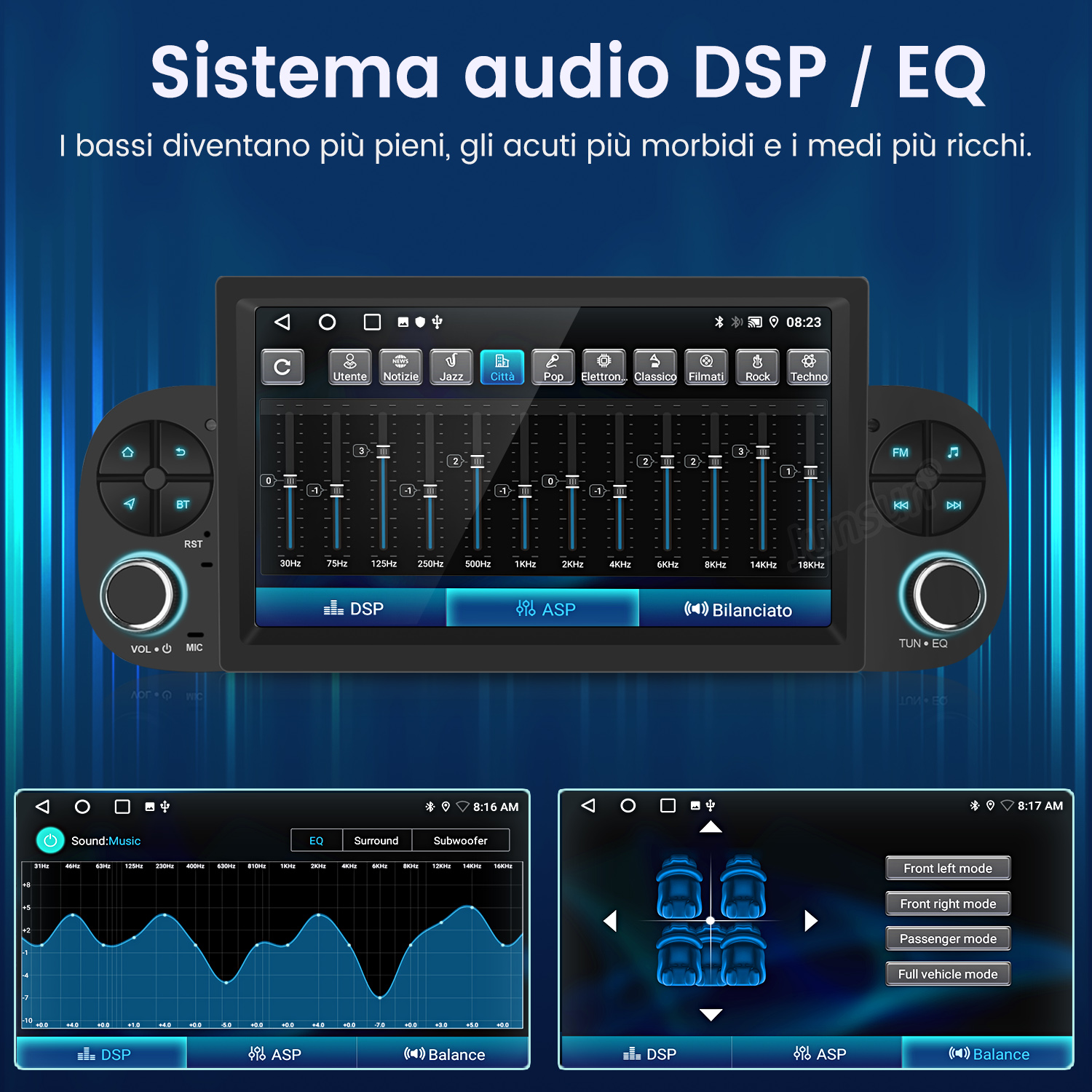 Schermo dell'autoradio con impostazioni EQ e un grafico di analisi del suono. Il testo è in italiano.