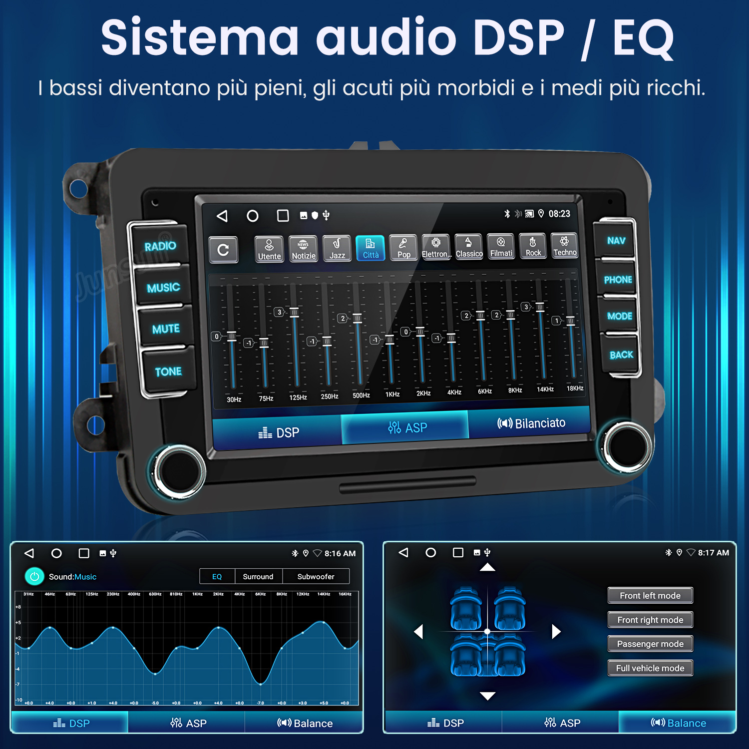 Autoradio con touchscreen. Mostra le impostazioni dell'equalizzatore. Diverse opzioni sullo schermo.