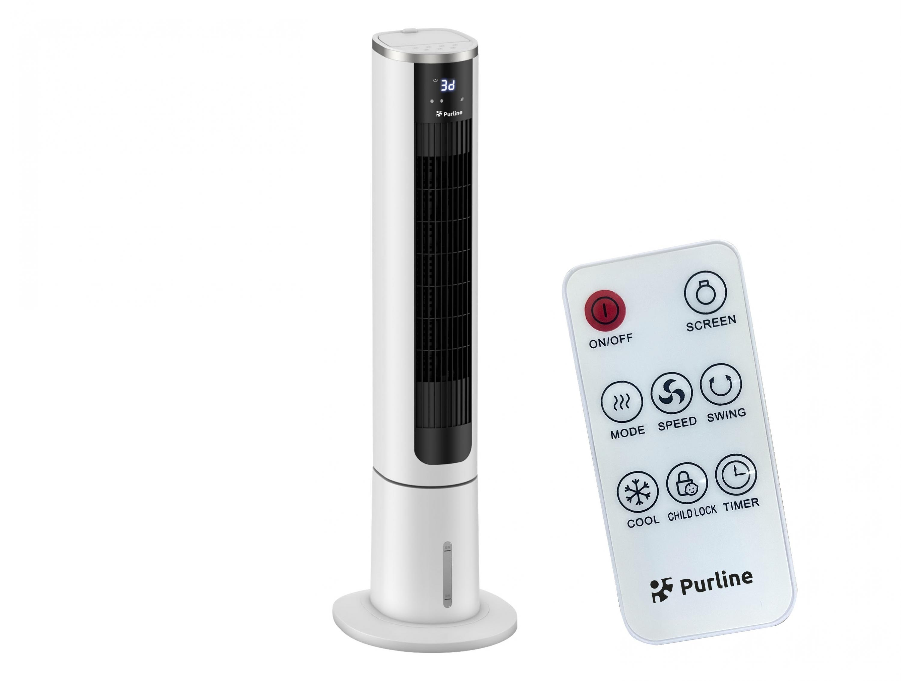 Weißer Turmventilator mit Fernbedienung rechts.