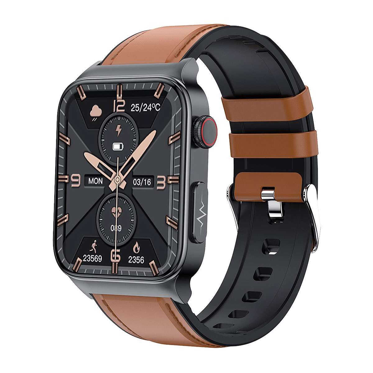 Czarny i brązowy smartwatch z wyświetlaczem cyfrowym. Pokazuje czas i inne dane.