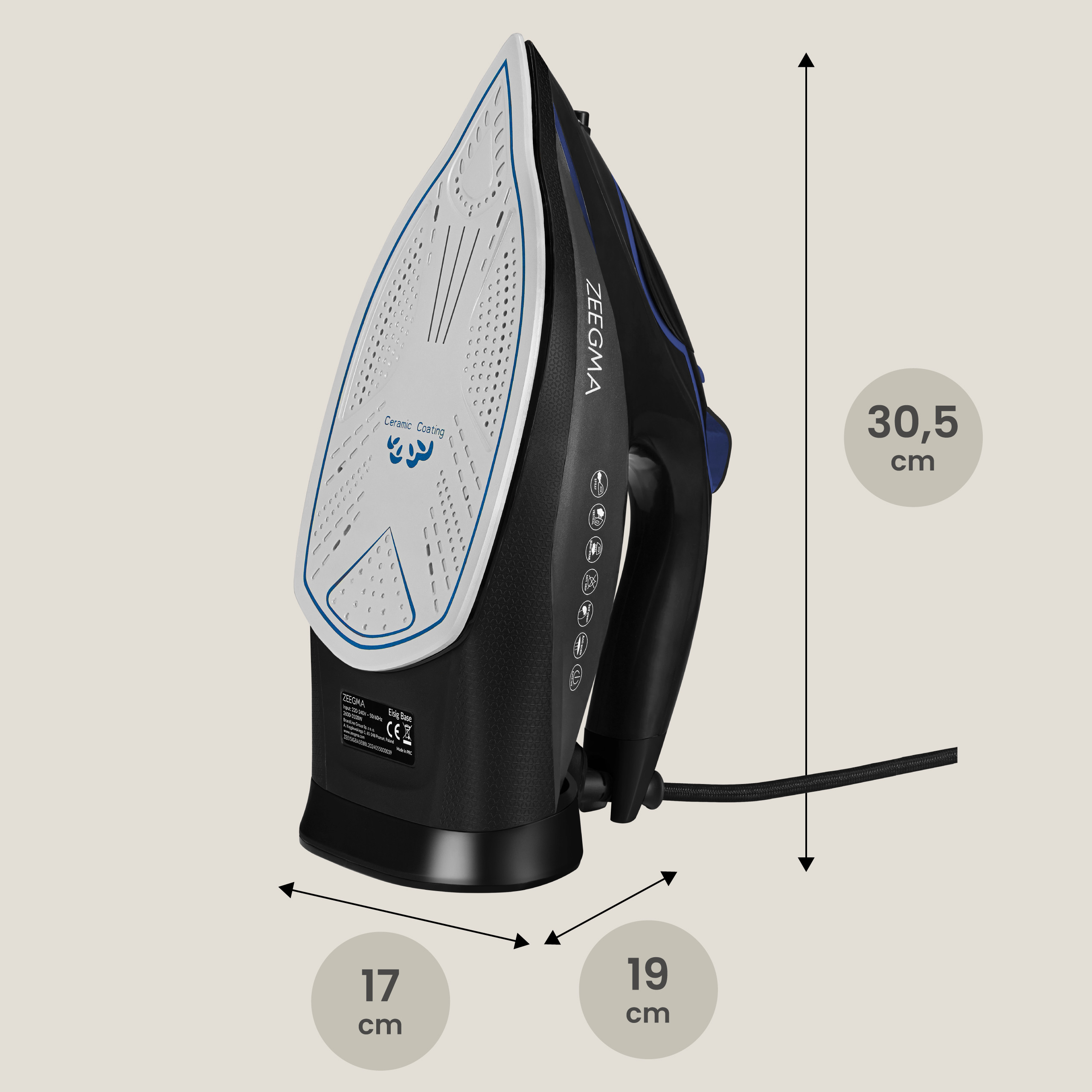 Czarne żelazko z niebieskimi akcentami. Wymiary: 30,5 cm wysokości, 19 cm szerokości, 17 cm długości. Powłoka ceramiczna.