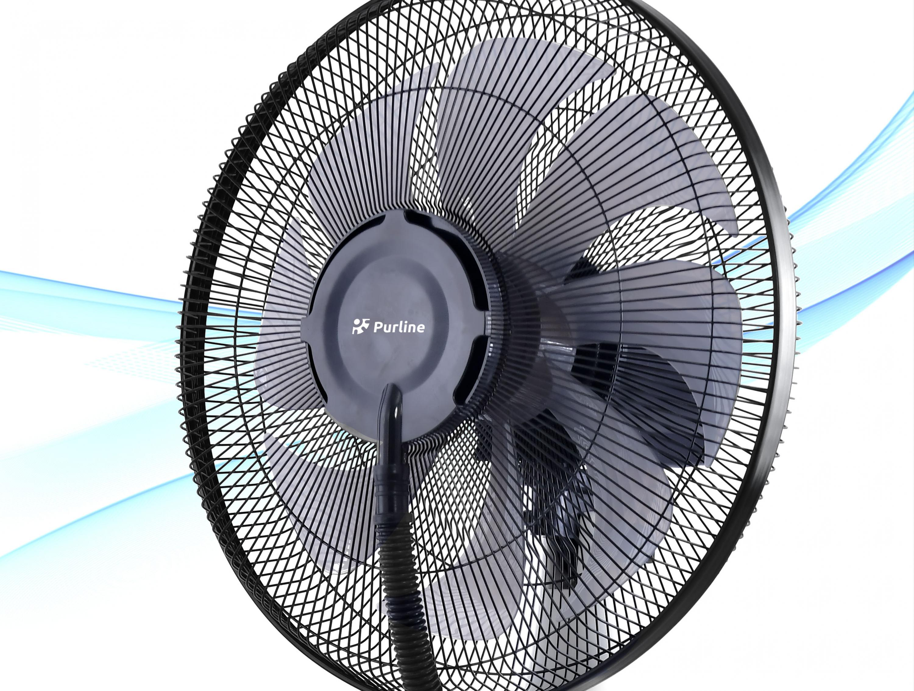 Un ventilador negro con aspas sobre un fondo blanco y azul.