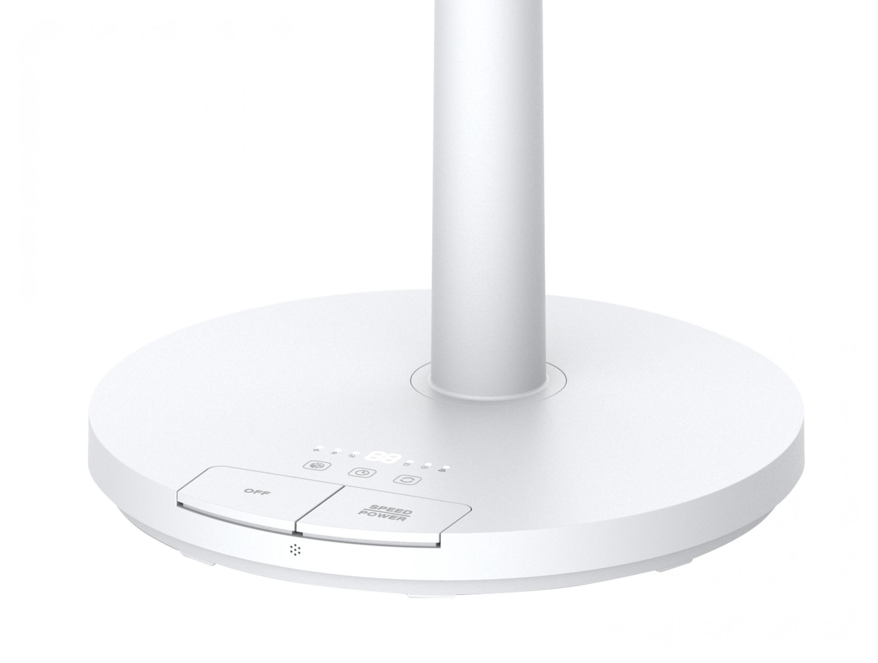 Base de ventilador blanca con botones de control y un poste central, fondo blanco.