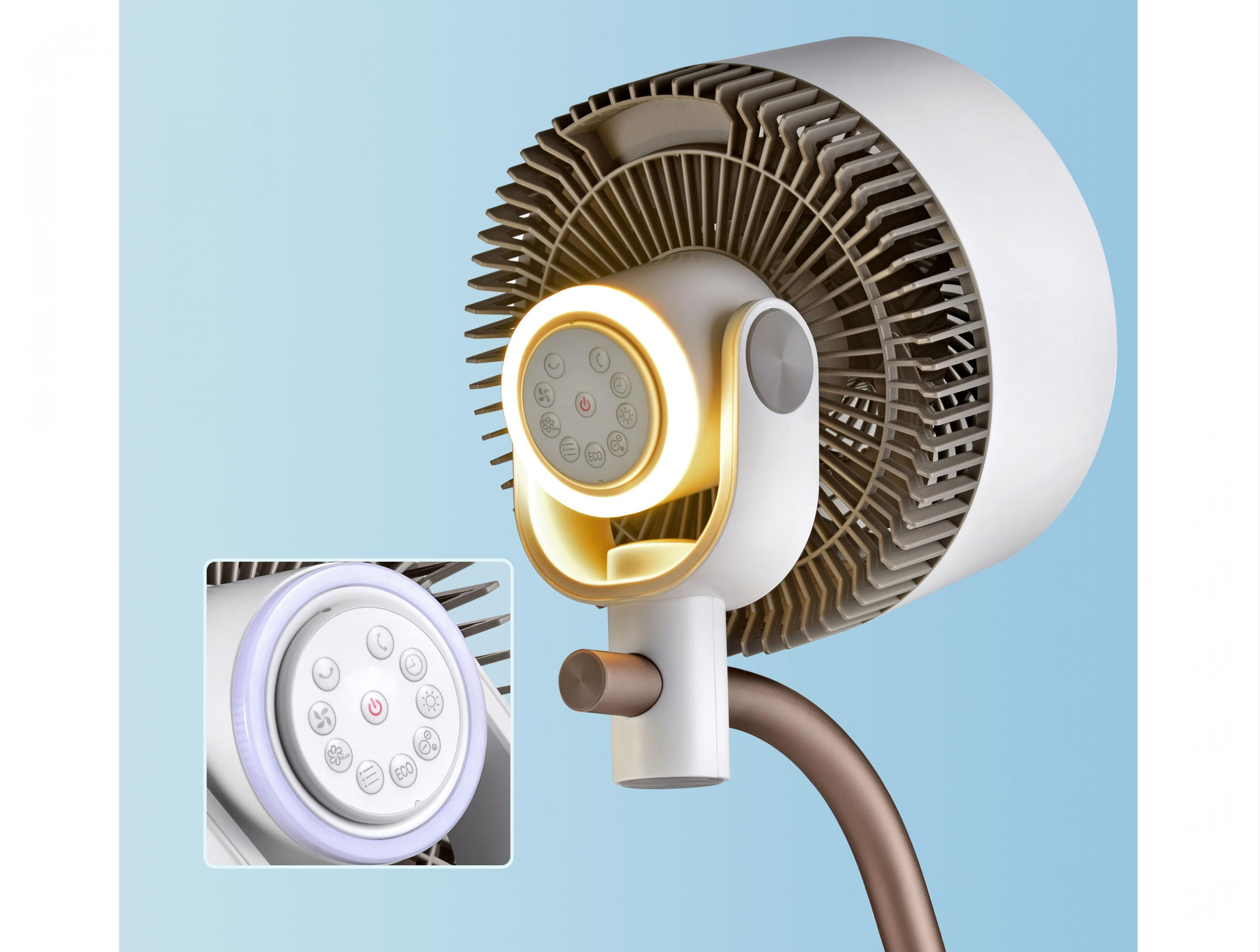 Ventilador blanco y dorado con diseño circular. Un primer plano muestra el panel de control. El fondo es azul.