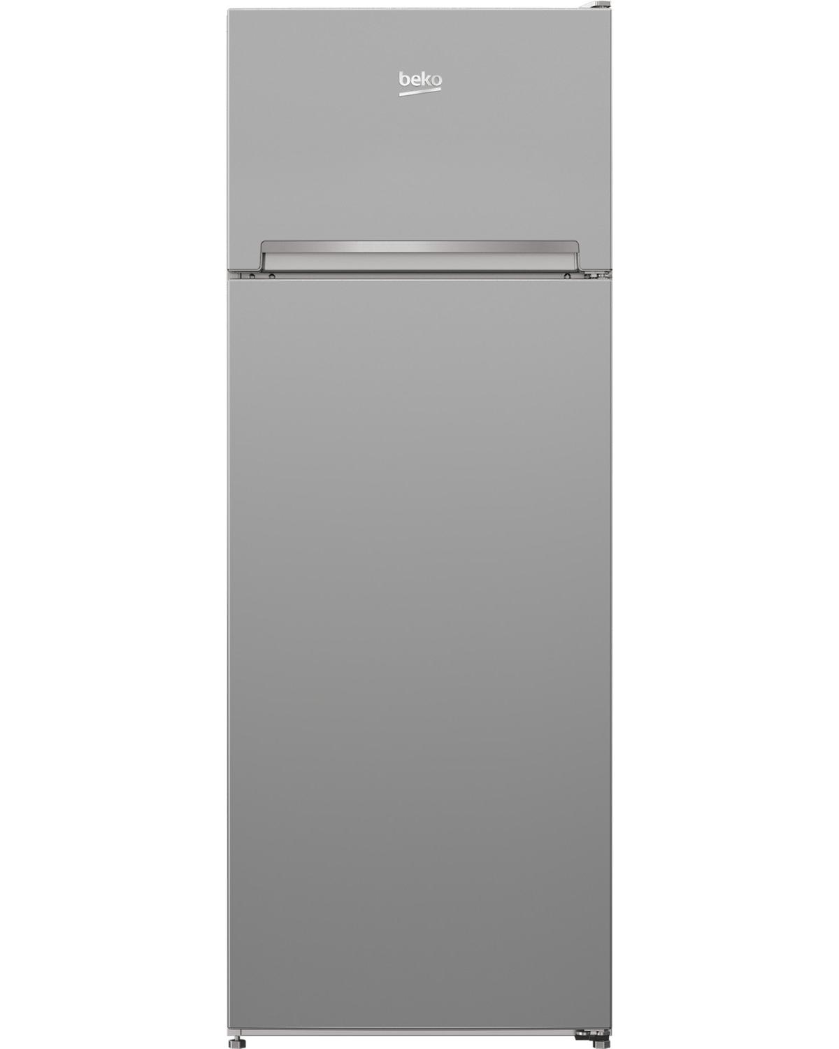 Un frigorifero Beko argentato con due porte e un congelatore superiore.