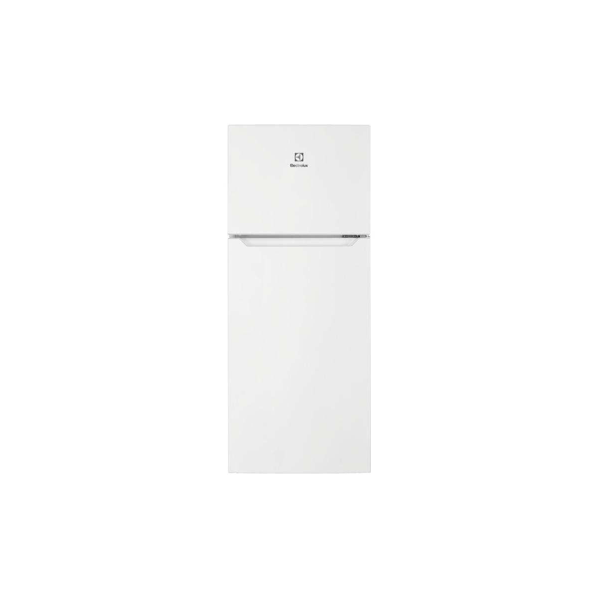 Viene mostrato un frigorifero Electrolux bianco con congelatore superiore.