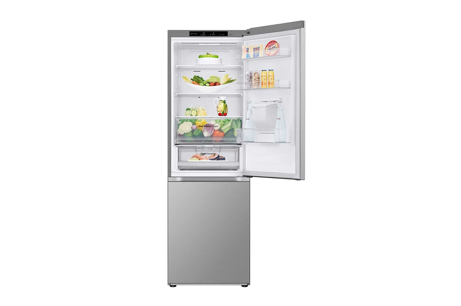Un refrigerador plateado con la puerta abierta, lleno de alimentos. El congelador está en la parte inferior.