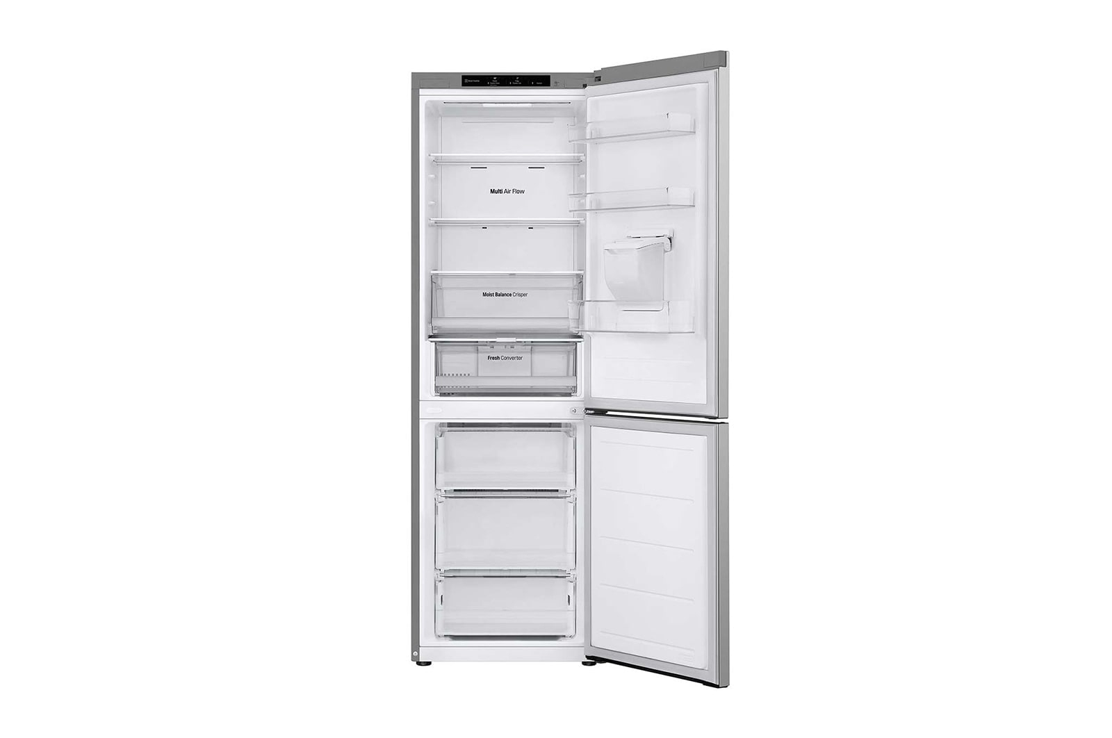 Refrigerador abierto con múltiples estantes, cajones y compartimentos. Puerta abierta. Interior blanco.