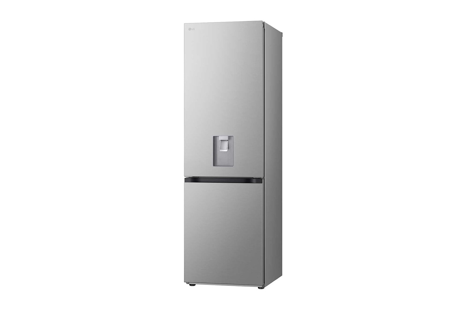 Refrigerador plateado con puerta cerrada. Vista lateral, fondo blanco, diseño sencillo.