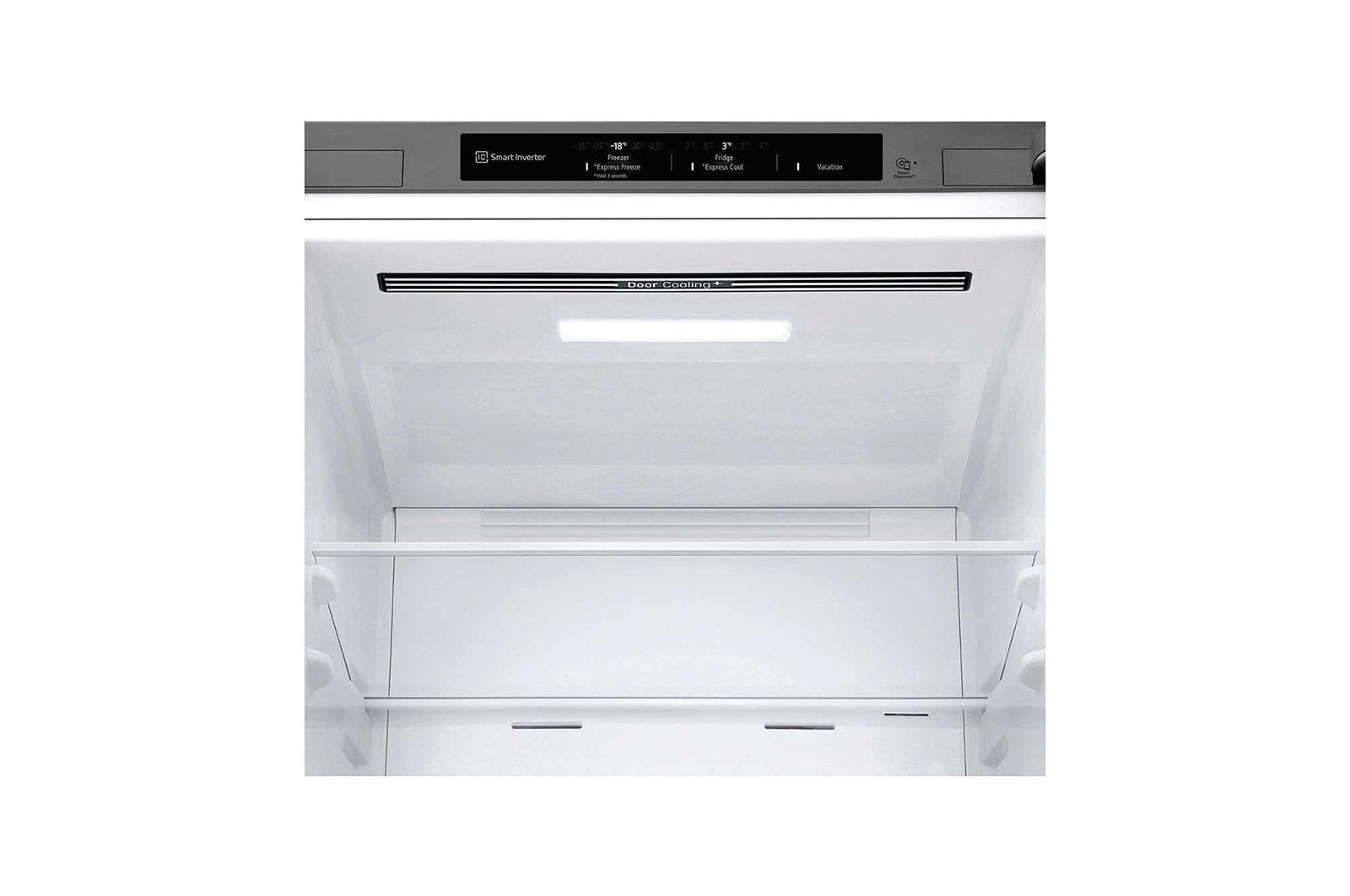 Primer plano del interior de un refrigerador LG. Muestra estantes, cajones e iluminación LED.