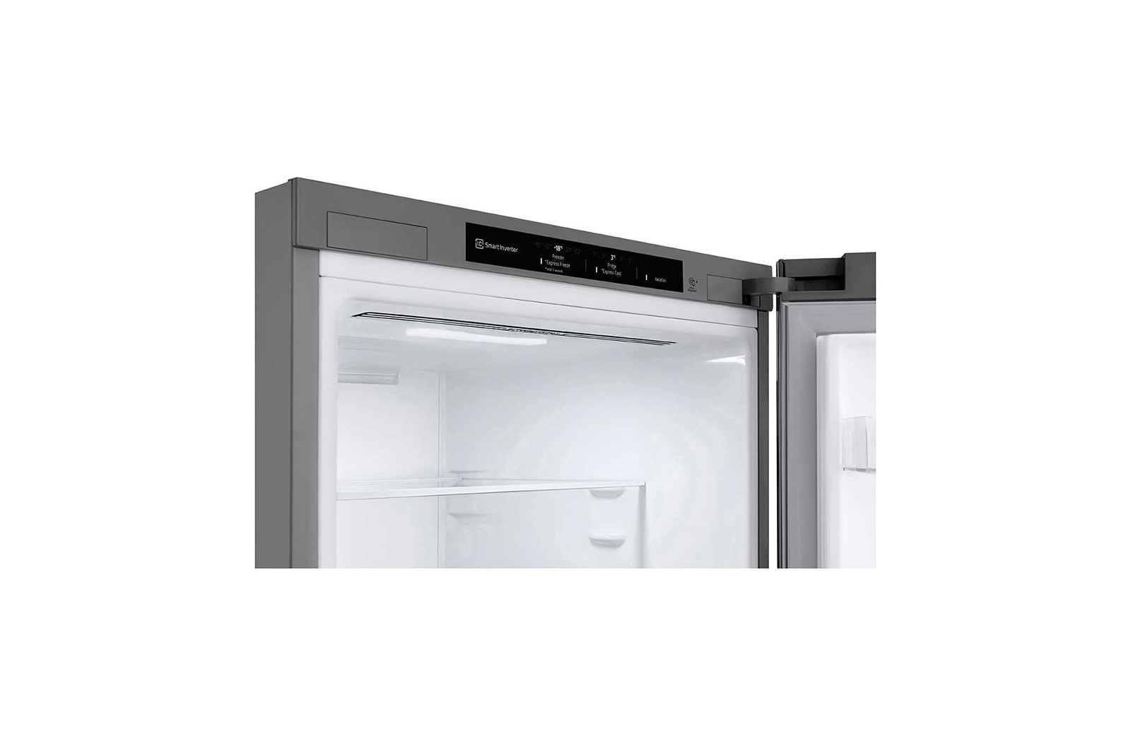 Interior del refrigerador con panel de control superior e iluminación interior.