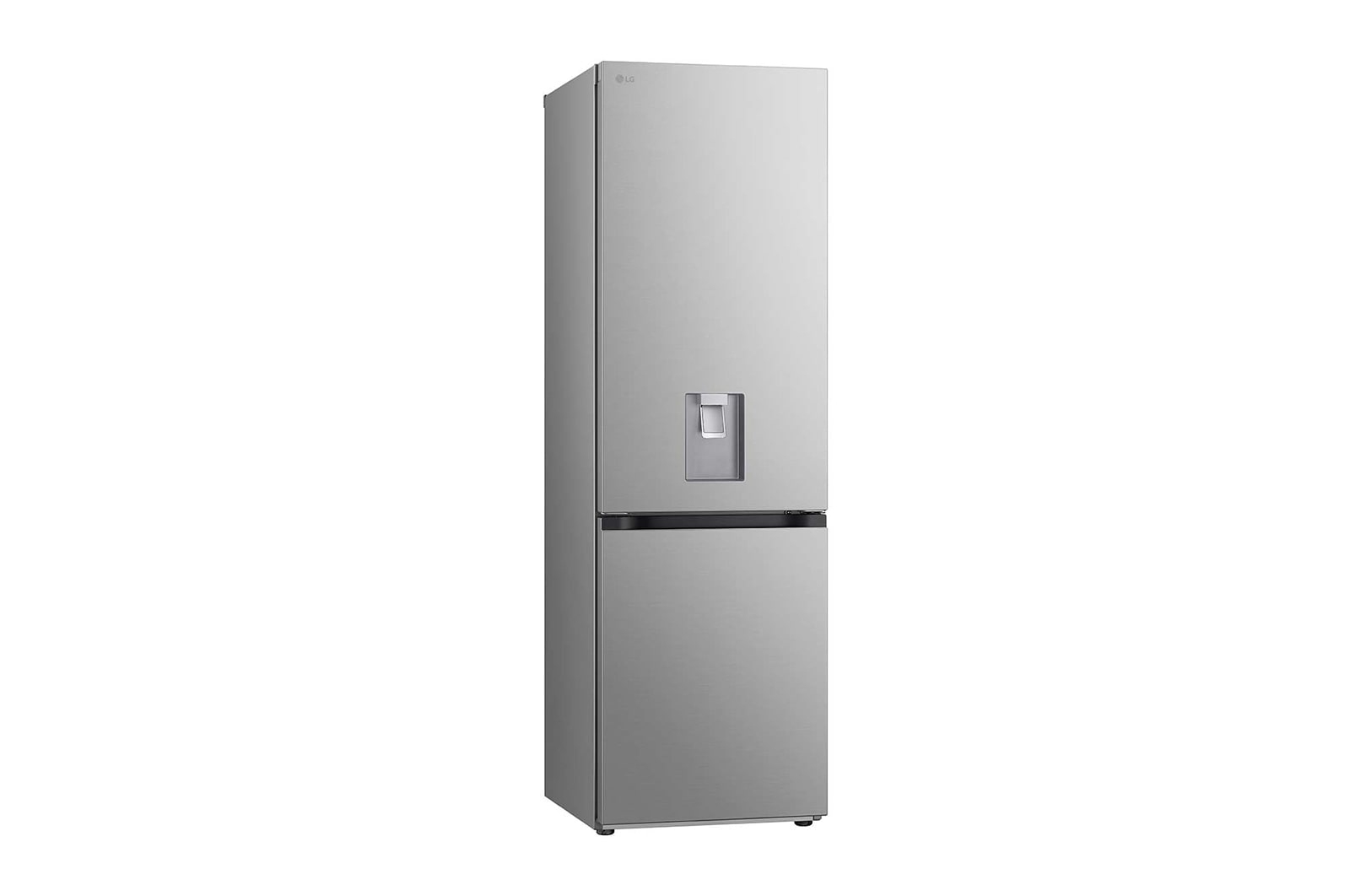 Refrigerador LG plateado con congelador inferior y dispensador de agua. Fondo blanco.