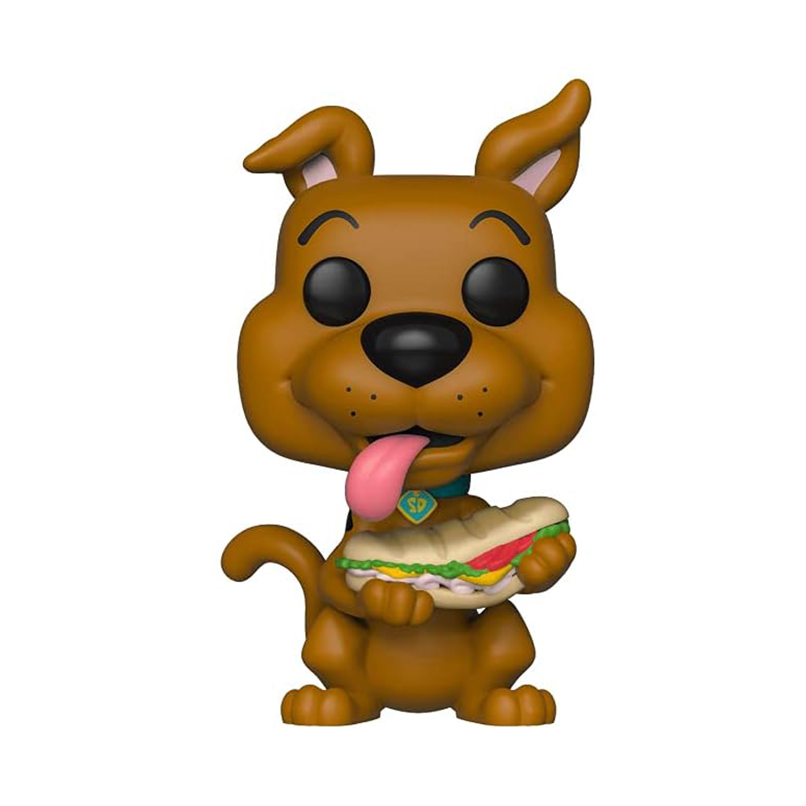 Figurka Funko Pop Scooby-Doo trzymająca kanapkę, z wystawionym językiem i niebieską obrożą.