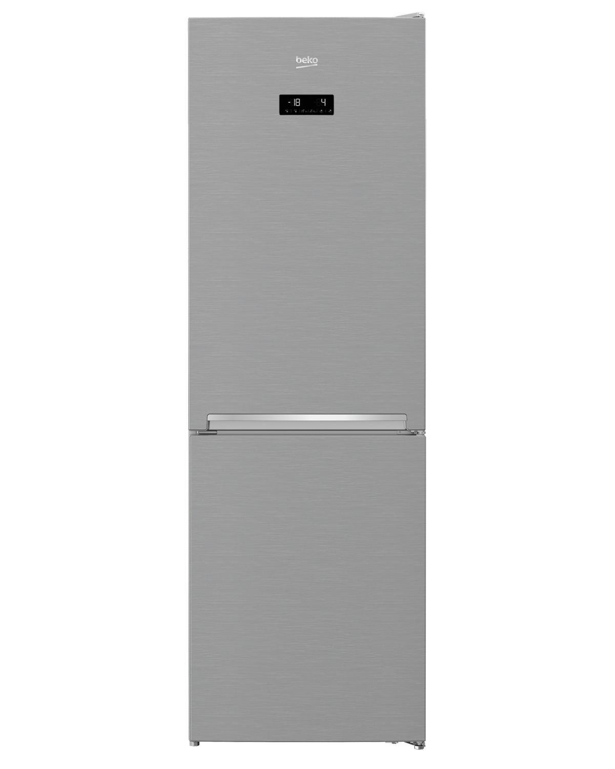 Viene mostrato un frigorifero Beko grigio con display digitale.