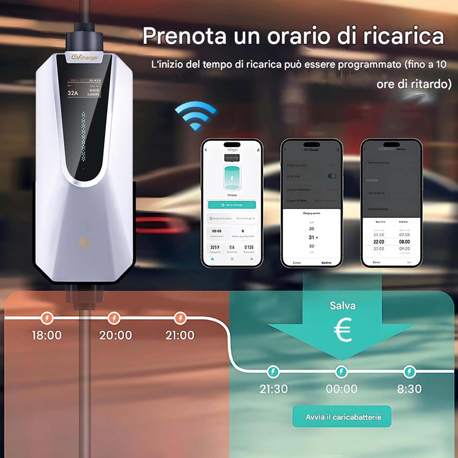 Una stazione di ricarica per veicoli elettrici, con un diagramma che mostra le opzioni di programmazione per i tempi di ricarica.