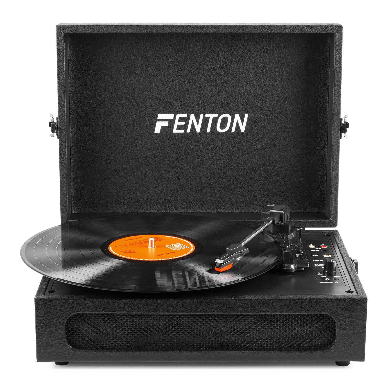 Un tocadiscos negro con un disco. La marca 'FENTON' es visible en la parte superior. La aguja está en el disco.