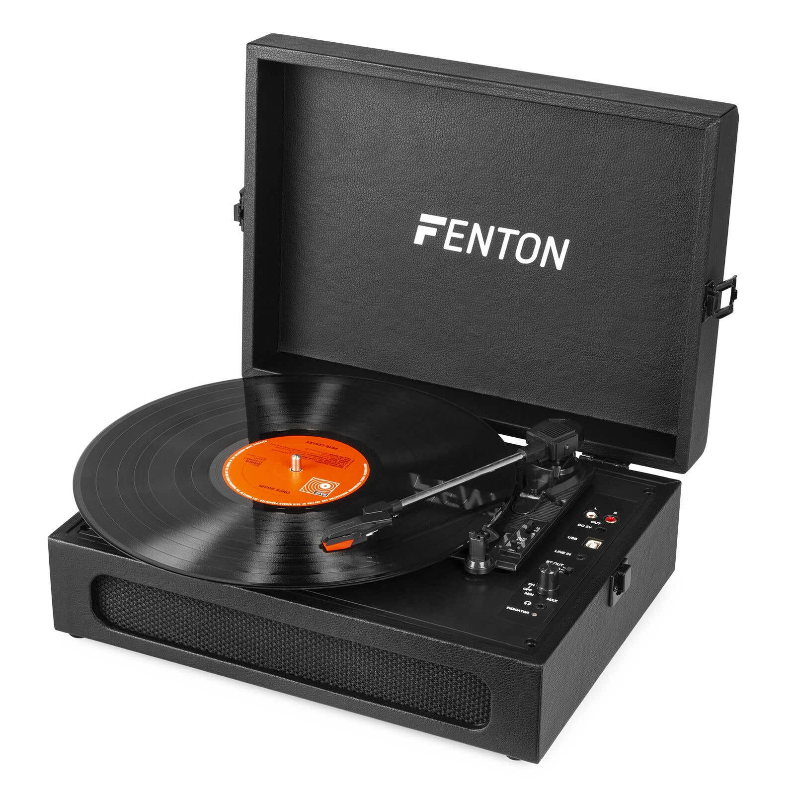 Tocadiscos negro con un disco. Carcasa negra con la palabra FENTON en blanco en la parte superior.