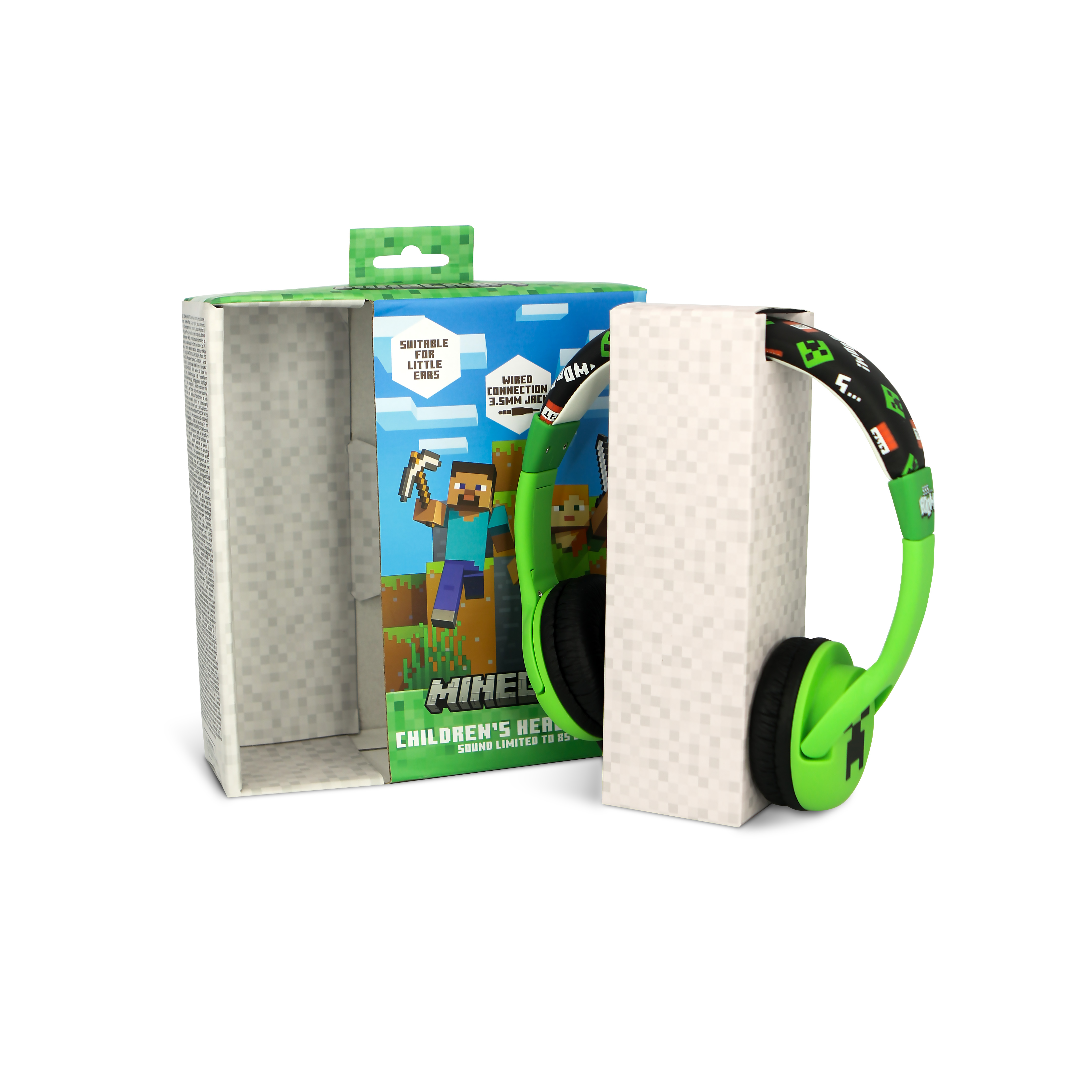 Un juego de auriculares con temática de Minecraft dentro de su caja, predominan los colores verde y negro.