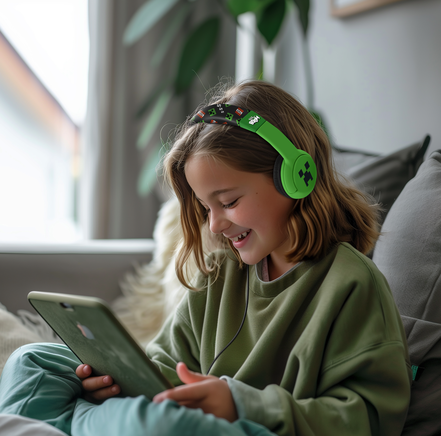 Una niña con auriculares de Minecraft usa una tableta y sonríe.