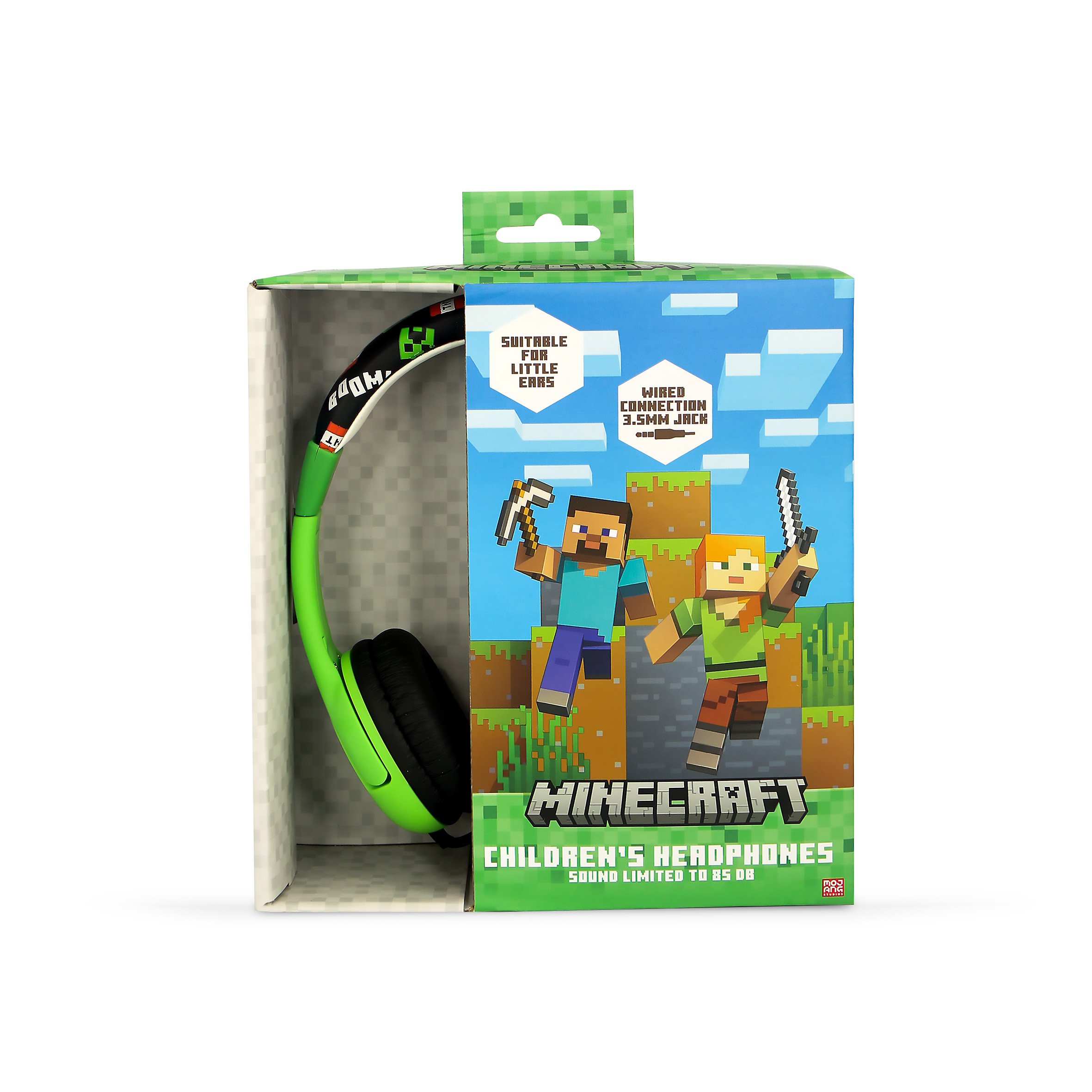 Caja de auriculares de Minecraft. Auriculares en caja con personajes y marca Minecraft.