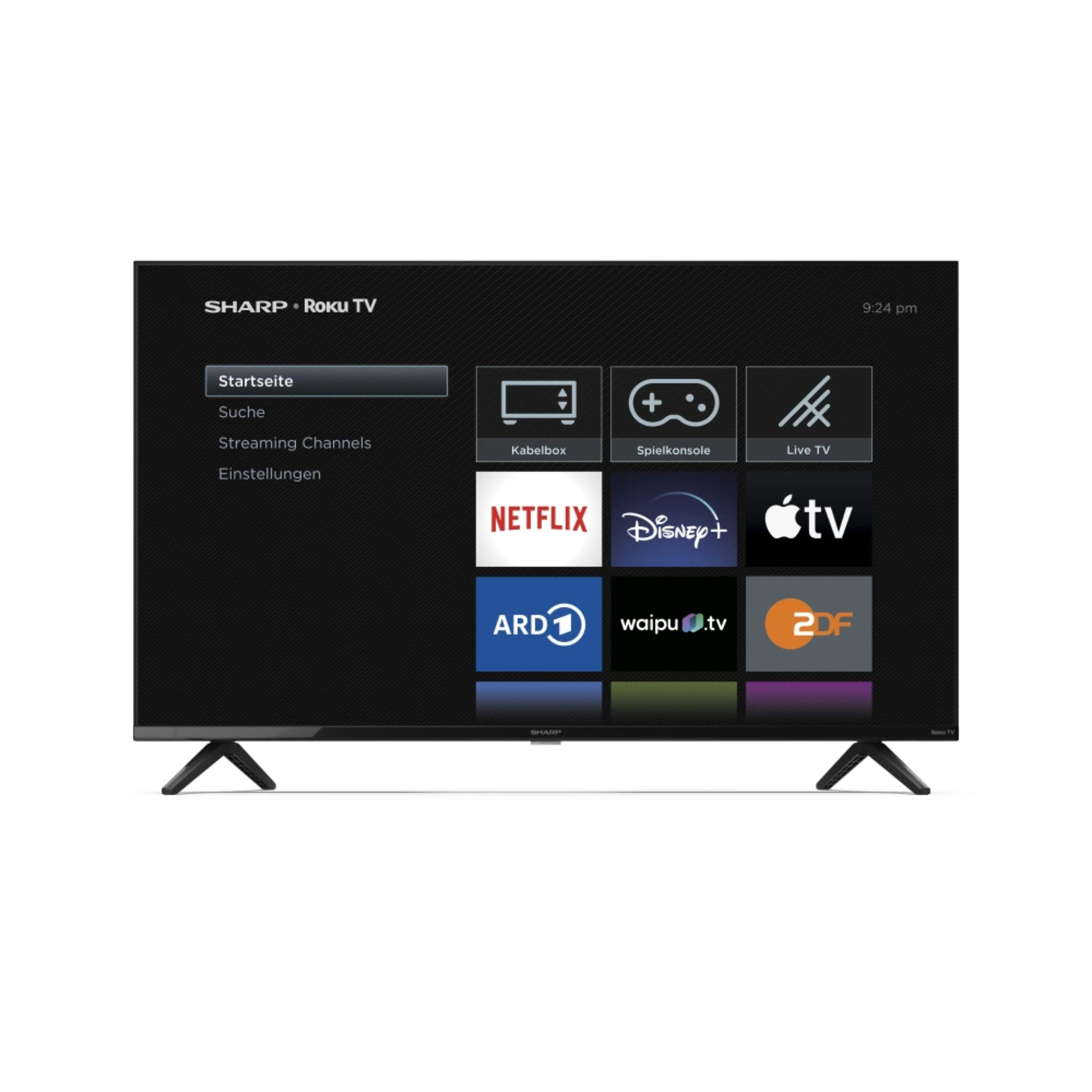 Ein schwarzer Fernsehbildschirm, der den Startbildschirm eines Smart-TV mit App-Symbolen anzeigt. Schwarzer Ständer unten.
