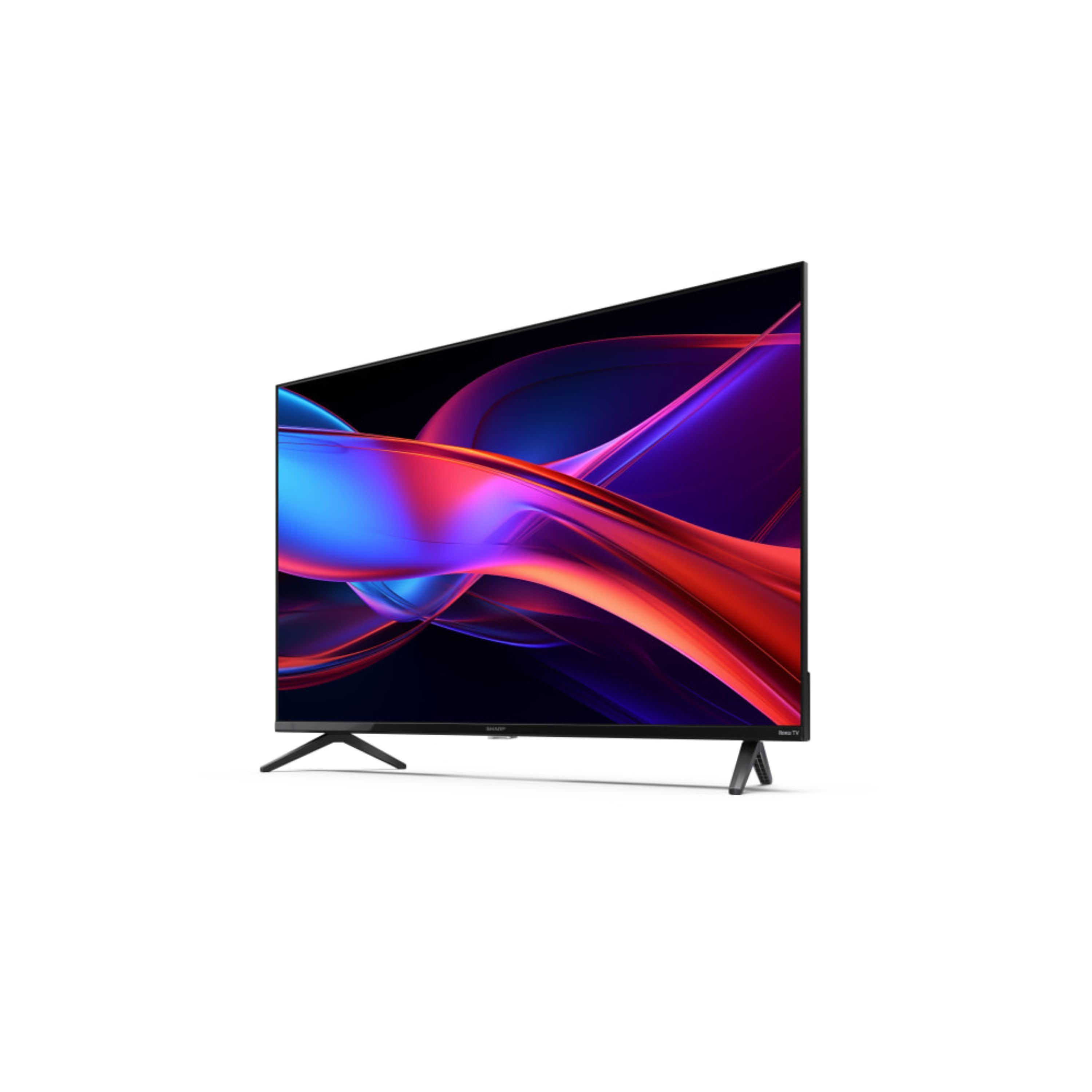 Ein schwarzer Fernseher, nach rechts geneigt, mit gewölbtem Bildschirm. Der Bildschirm zeigt bunte abstrakte Kunst.