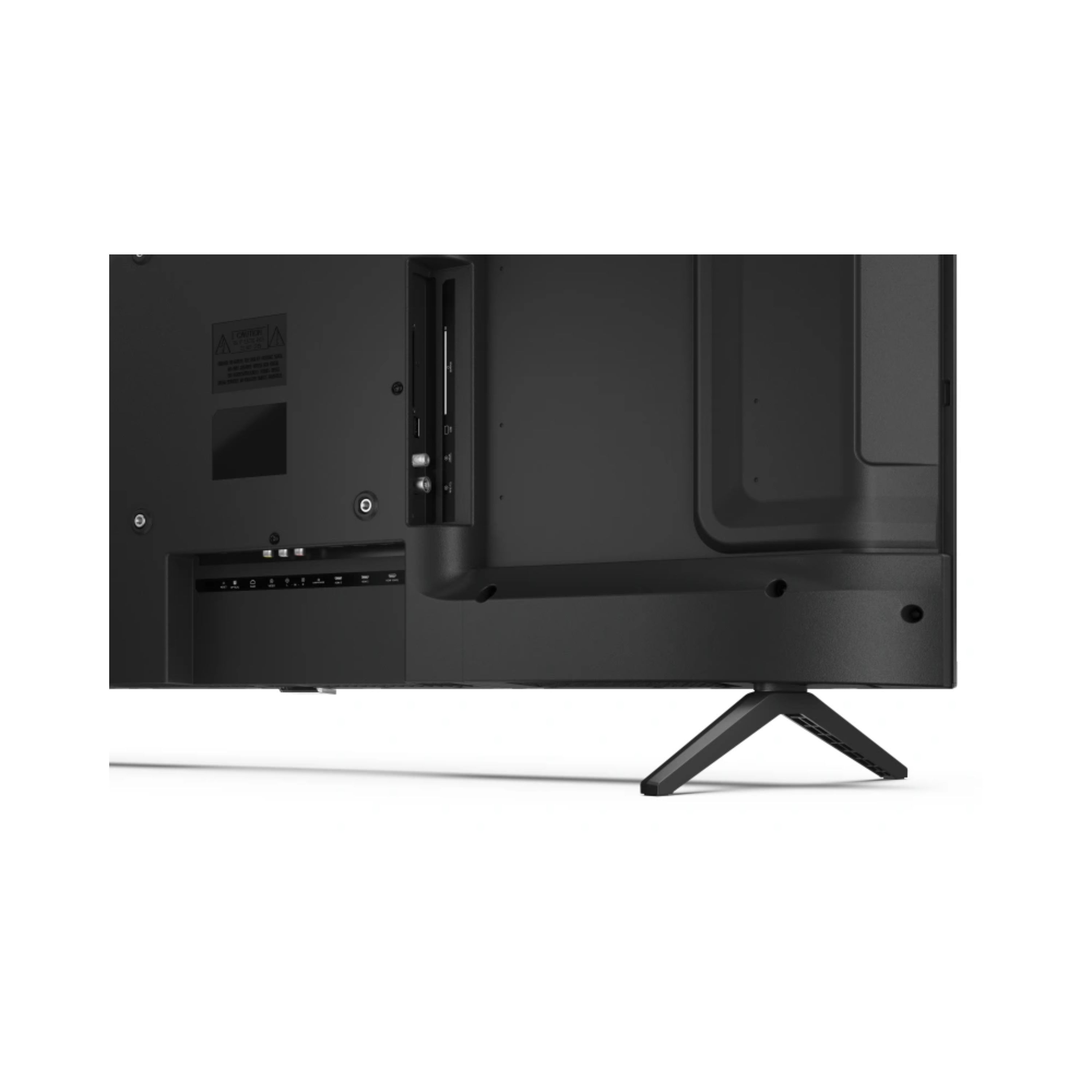 Widok z tyłu czarnego telewizora z portami i szczegółami podstawy.