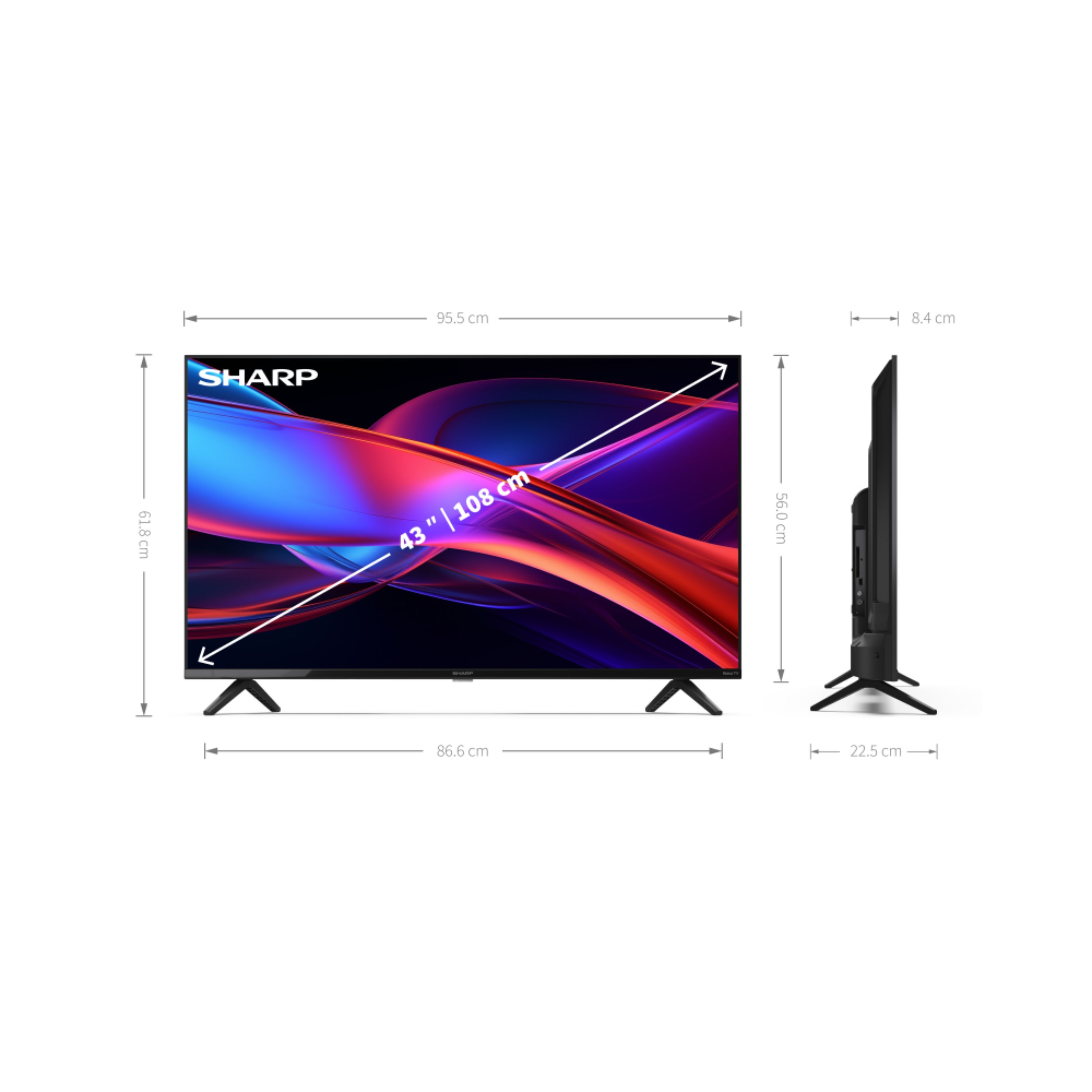 Telewizor z płaskim ekranem z wymiarami i podstawą. Tekst: Sharp 43" / 108 cm.