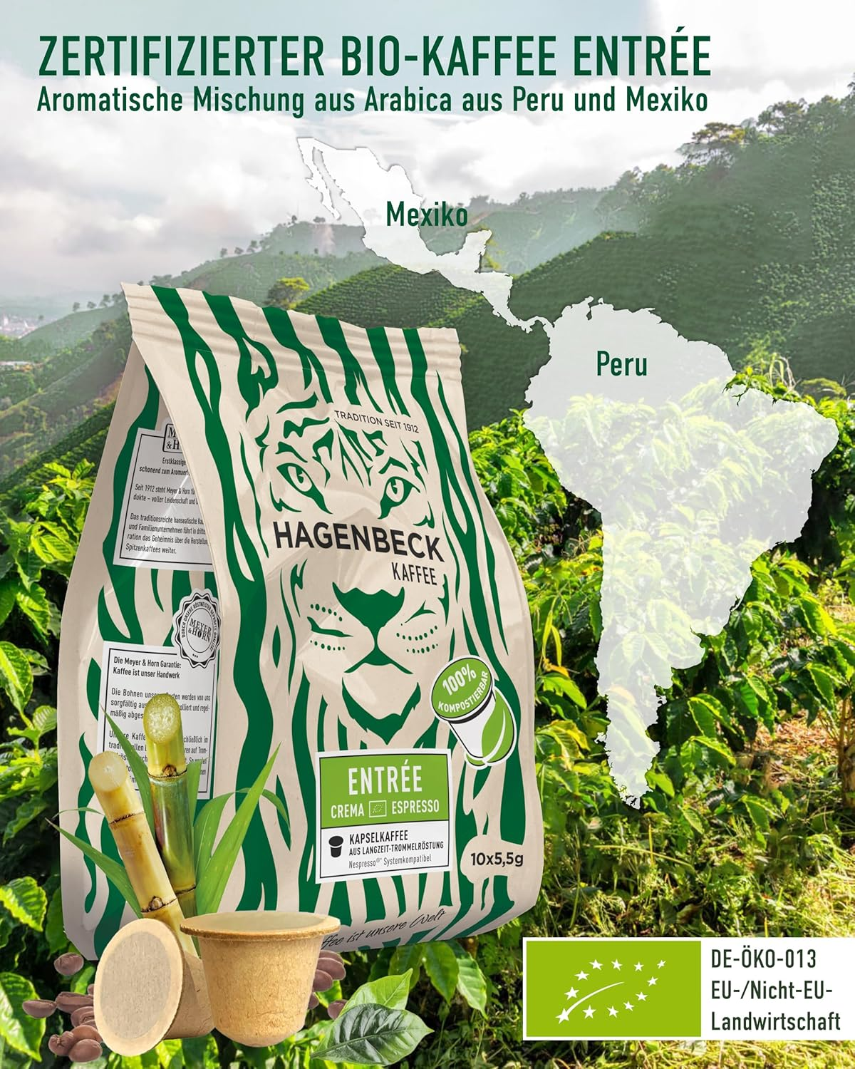 Eine Kaffeetüte mit Tiger, Umrisse von Peru und Mexiko, sowie Text.