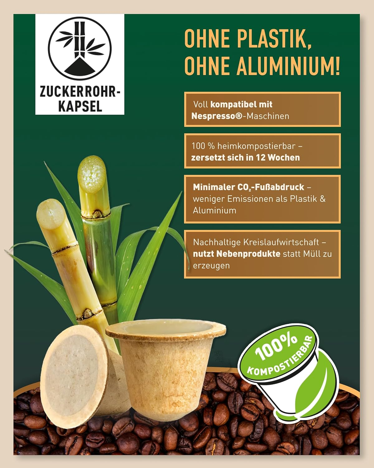 Kaffeekapseln. Ein Poster über Kaffeekapseln, mit Kapsel, Bohnen und Bambusstab.