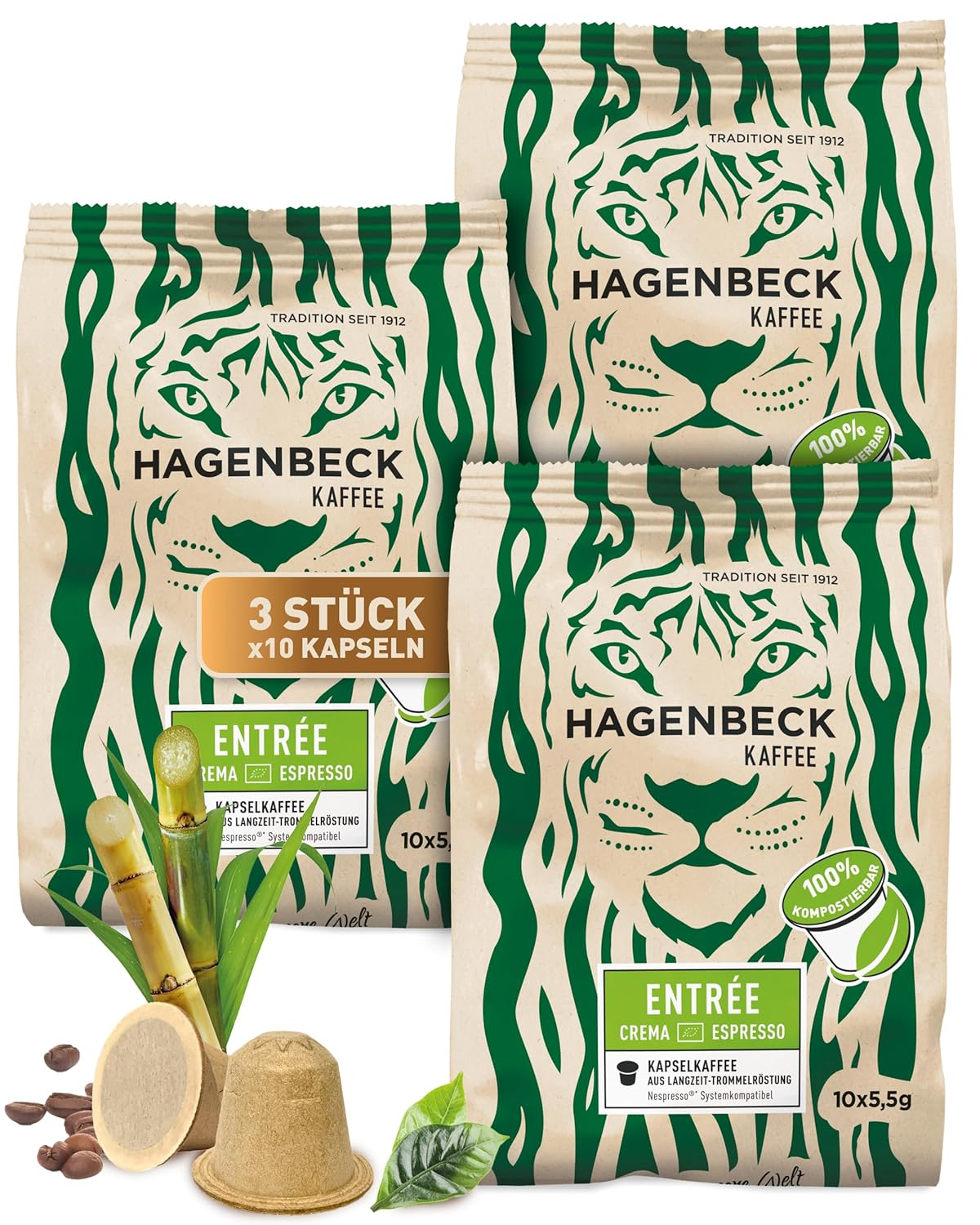 Drei Packungen Kaffeekapseln mit Tigerbild. Weißer Hintergrund.