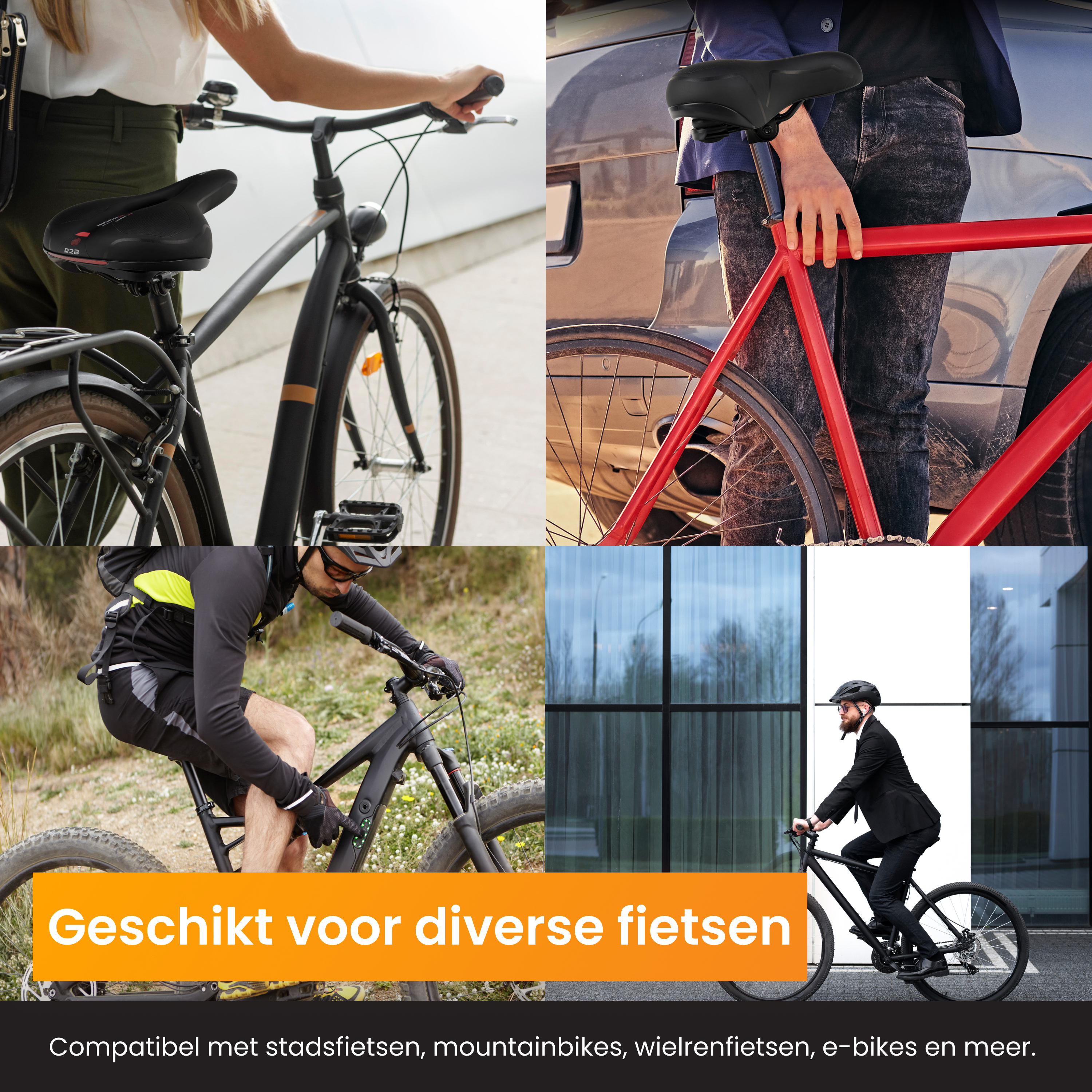 Collage van mensen op fietsen, tekst luidt 'Geschikt voor diverse fietsen'. Verschillende soorten fietsen worden getoond.