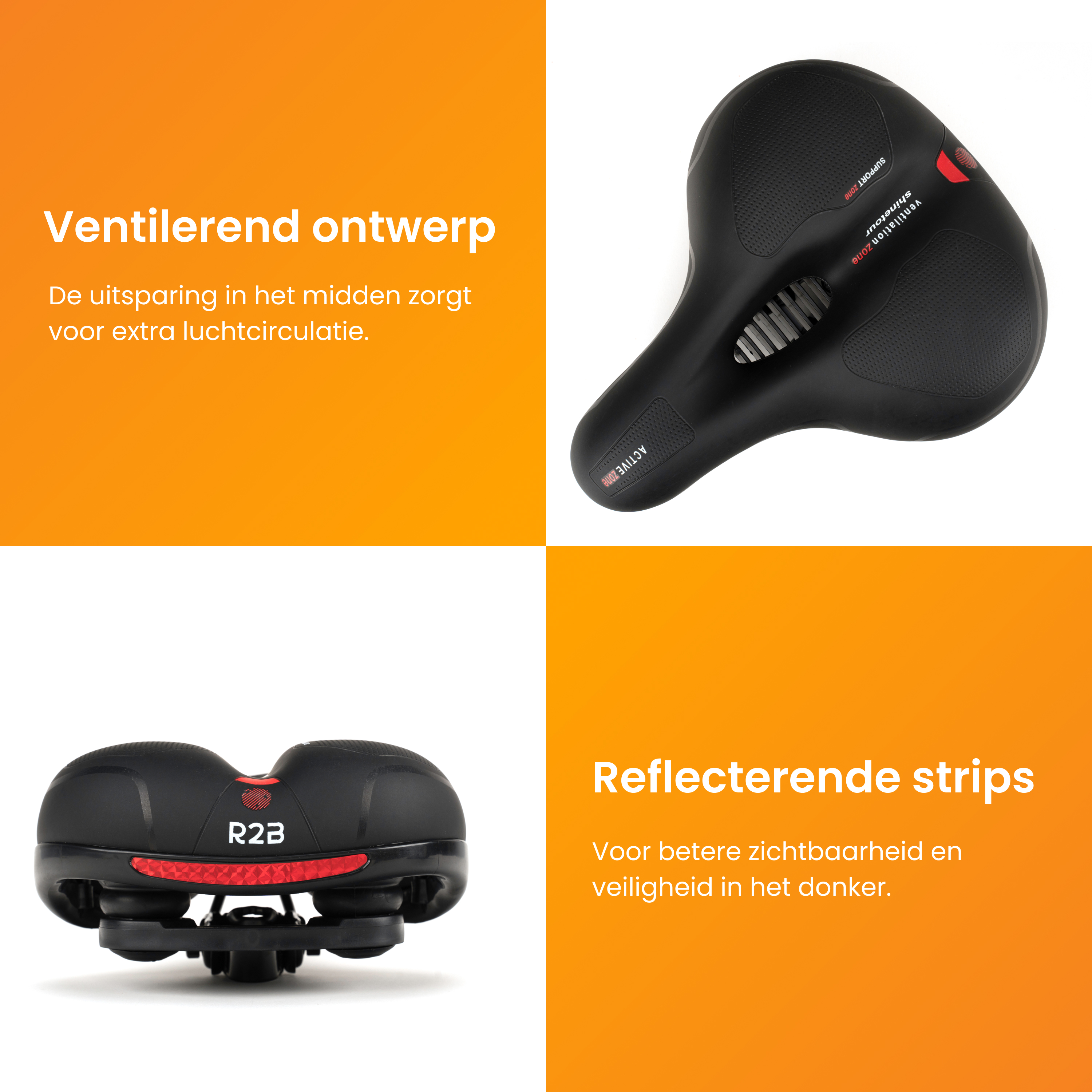 Zwart fietszadel met rode accenten, met ventilatie en reflecterende strips.