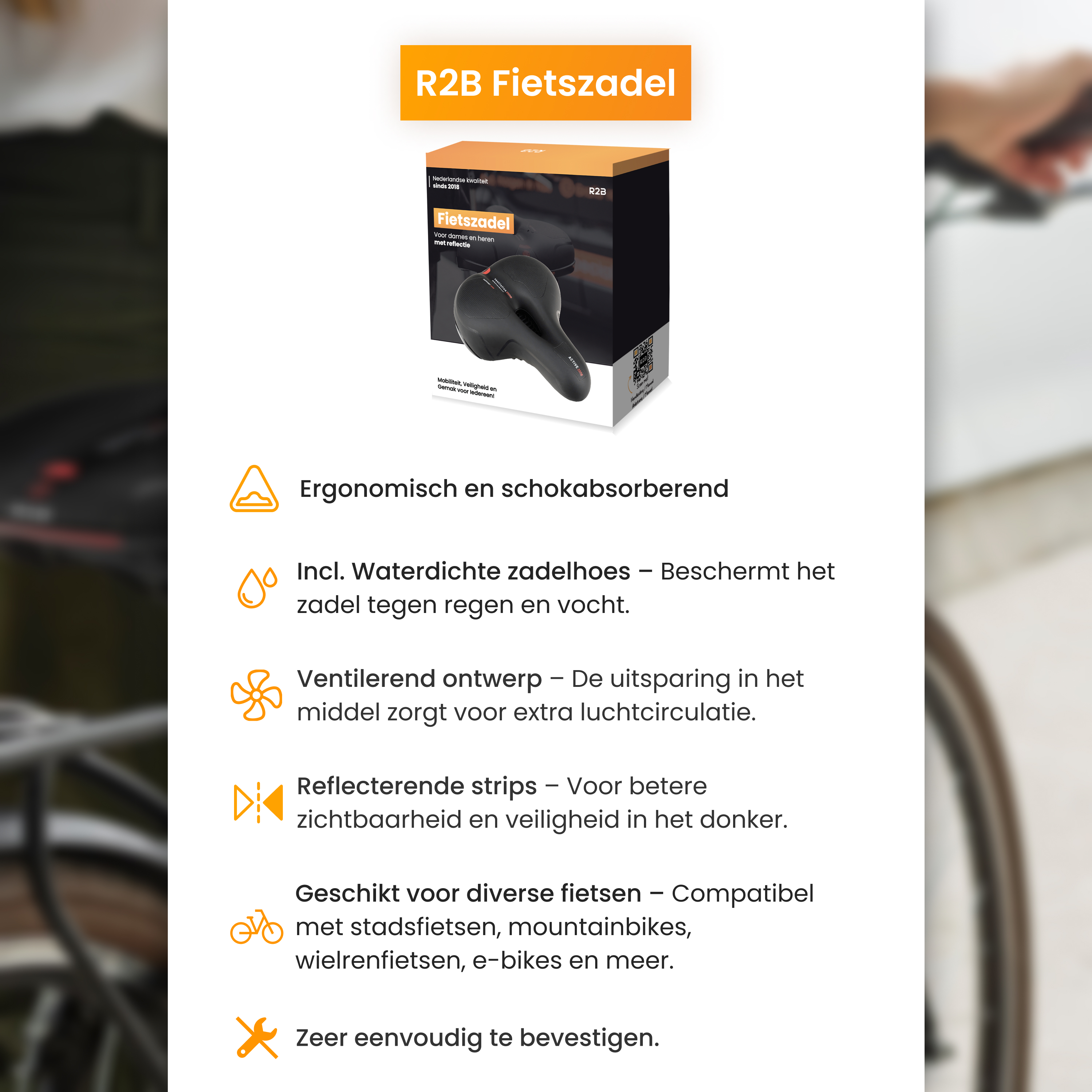 Een doos met een fietszadel met zijn kenmerken, waaronder waterdichte en reflecterende strips.