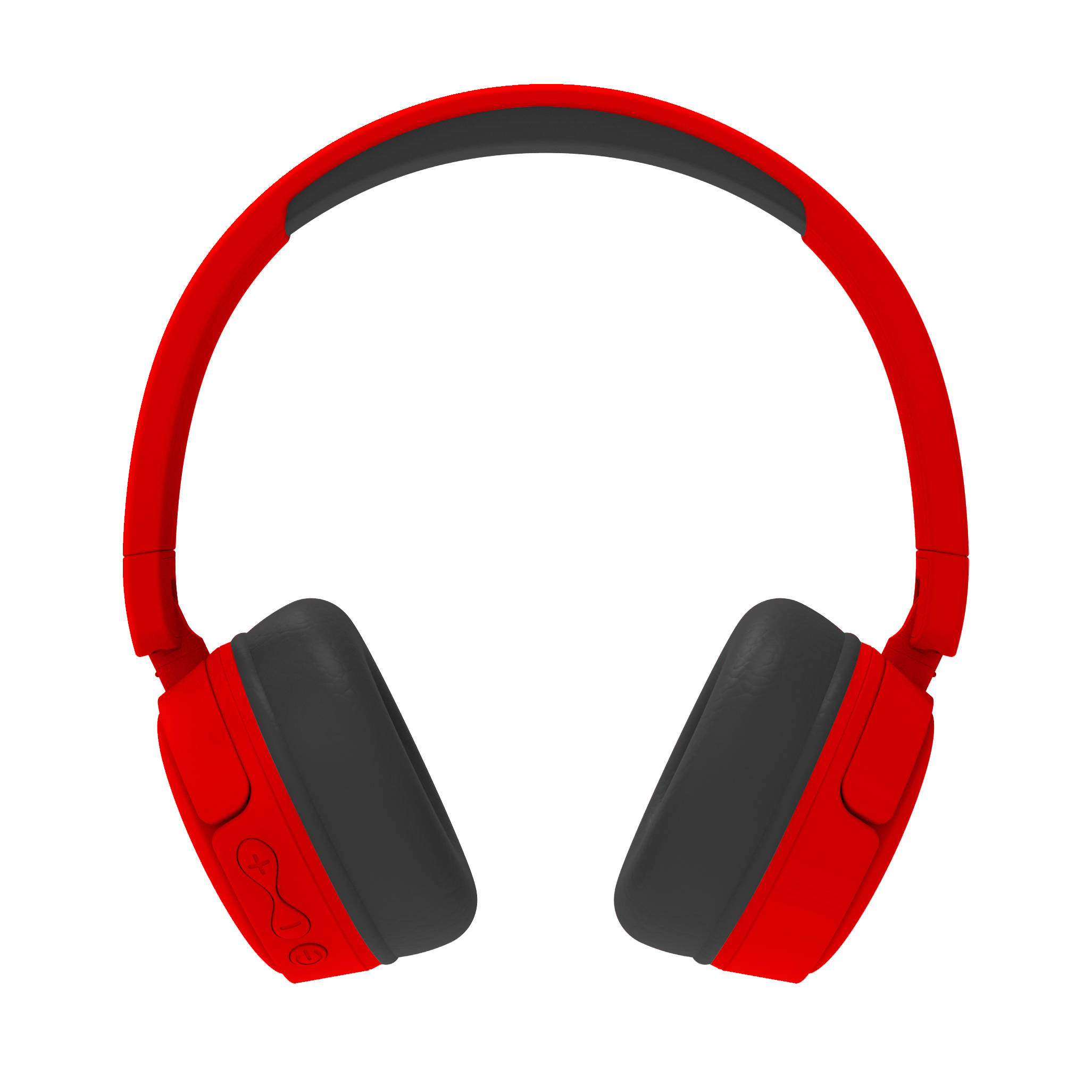 Czerwone słuchawki z szarymi nausznikami, widok z góry, na białym tle.