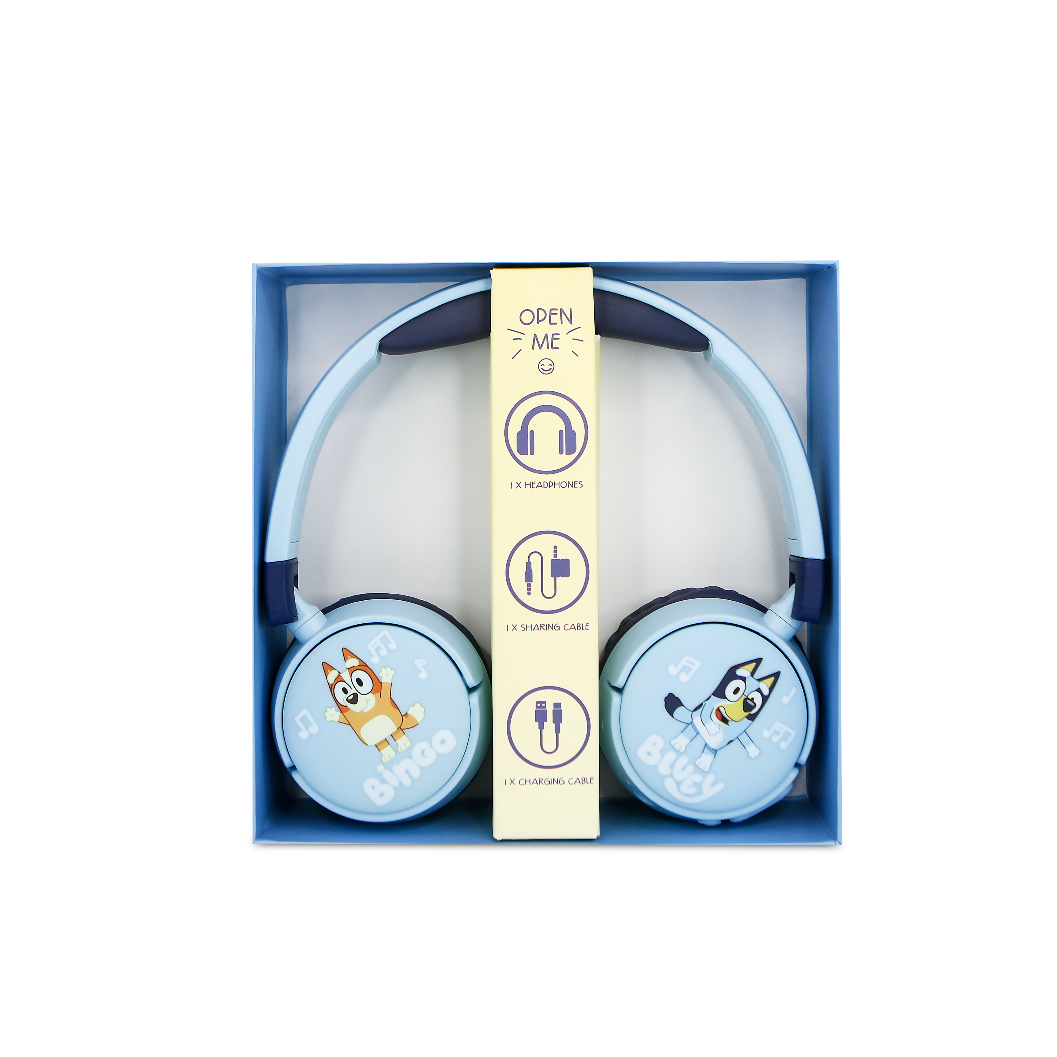 Niebieskie słuchawki z postaciami Bluey i Bingo, w niebieskim pudełku, z kablami.