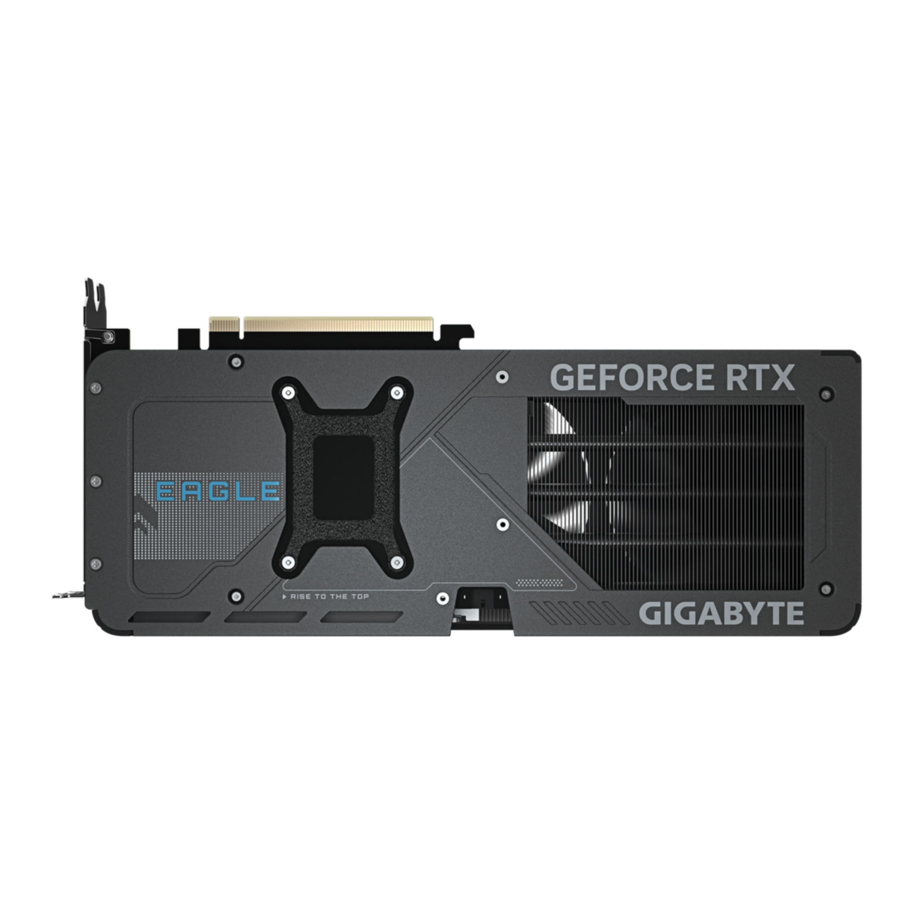 Karta graficzna GeForce RTX firmy Gigabyte. Czarno-szary design z wentylatorem i logo „EAGLE”. Białe tło.